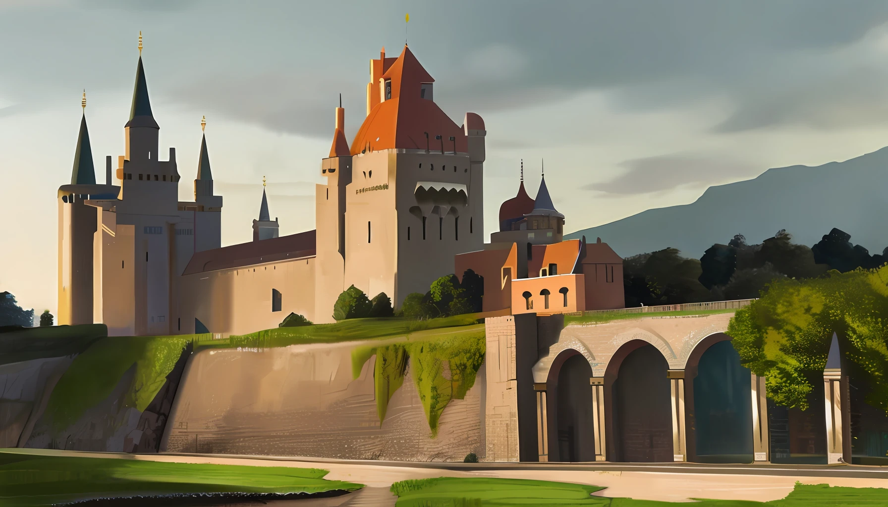 A large castle surrounded by facades