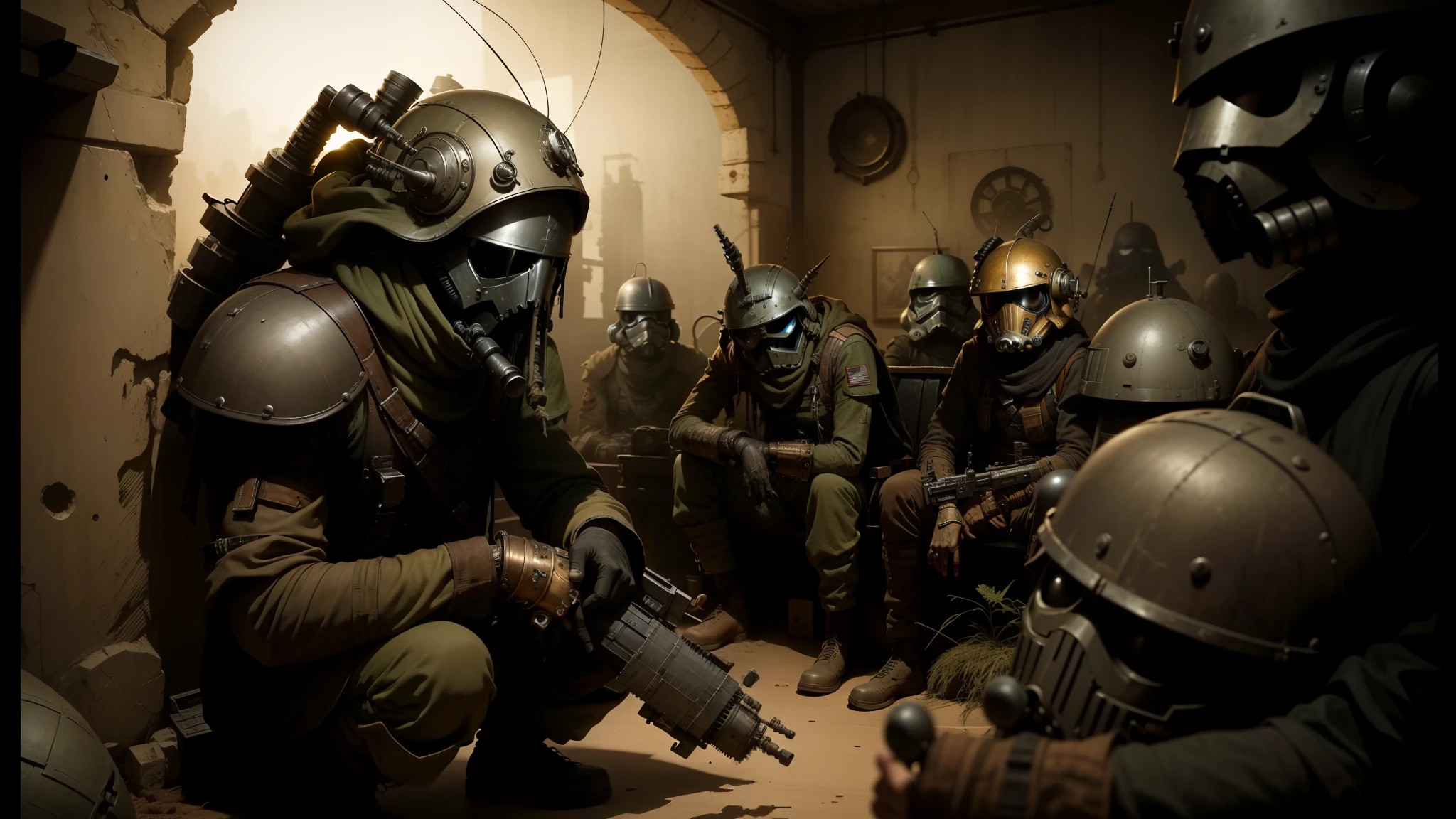 soldiers in a room with masks and weapons in their hands, characters from machinarium, in a star wars sequel, deathpunk, still image from the movie, tribals, jackstraws, ( steampunk ) --auto --s2