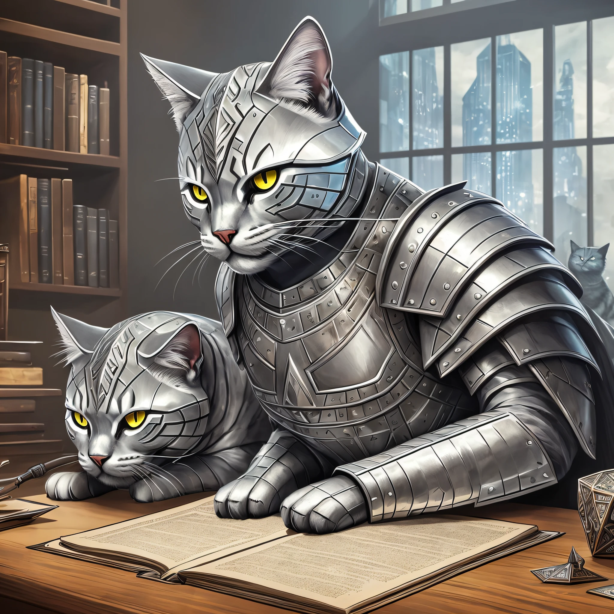 The armored British Shorthair silver shaded cat sits in front of a desk with a keyboard, showcasing its furry fantasy art. Armored Cat, a role-playing game art, features surreal D&D fantasy art. Lauther sits beside the table, playing DND, a boss cat of the world. Fantasy card game art, featuring an armored cat companion, humanoid cat, and magical collectible card art are also included, high detail, Cubist Futurism, Conceptual art, modern, Sony FE, UHD, ccurate, anatomically correct, textured skin, super detail, high details, high quality, best quality, highres, 8k --auto --s2