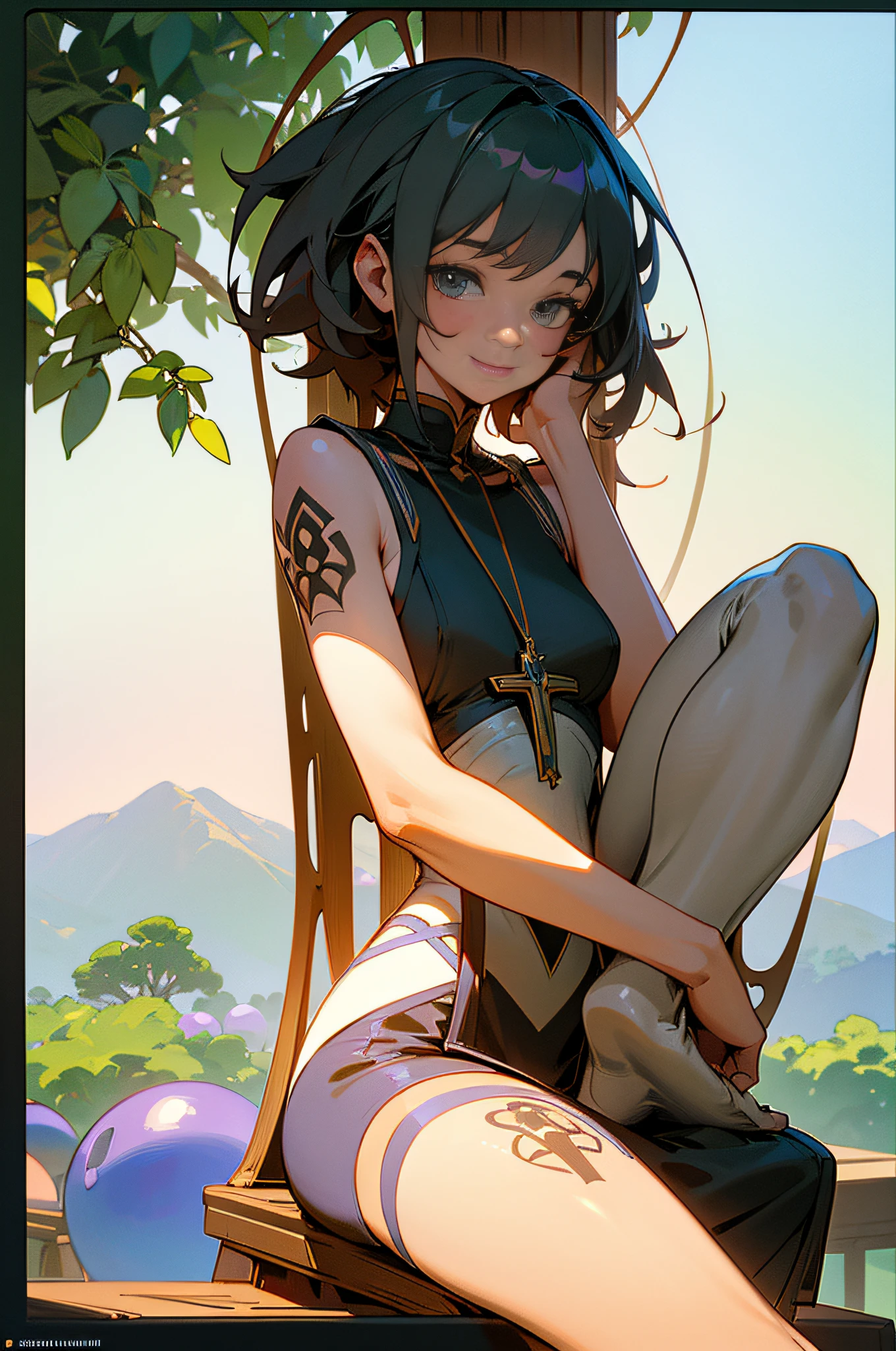 Gwen Pool, banyan tree shade, shading, silent air, sib, tattoo, no clothes, yoga, small bust, ((sitting cross-legged, sitting)), (sitting cross-legged, symmetrical), shoulder-length messy hair without clothes, detailed beautiful face, detailed beautiful eyes, scheid, happy, smile, ultra-detailed skin, beautiful slender style anime girl, ultra detailed painting, luminism, Art by Carne Griffith and Wadi Mukashin concept art, 4k resolution, 3D rendering, octane rendering, intricately detailed, cinematic, isometric in the art station center surreal cover photo amazing full color, hand drawn, rough, realistic Mucha, complex, hit definition, cinematic, rough sketch, thick lines, on paper