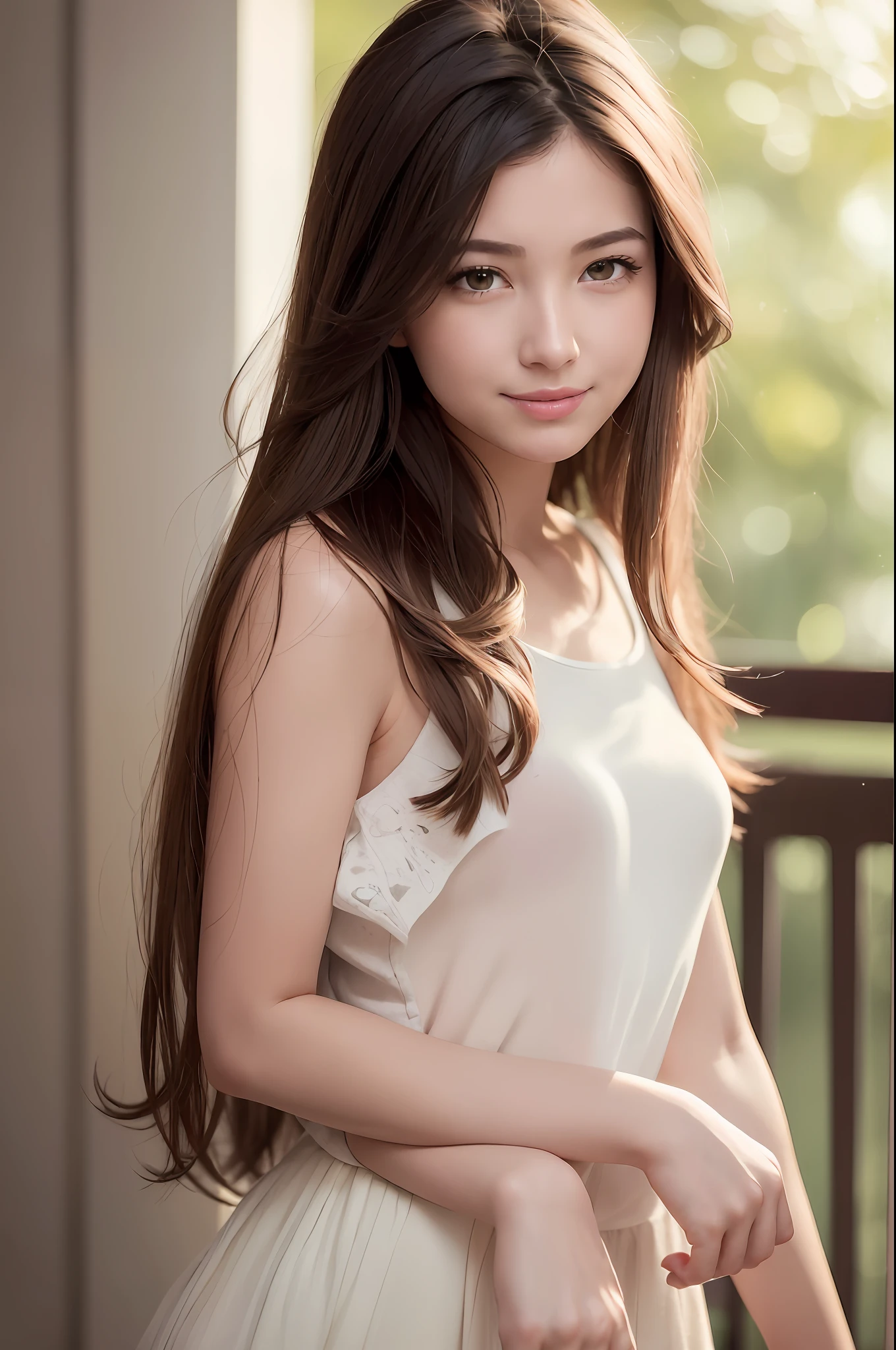 (8K, Best Quality, Masterpiece: 1.2), (Realistic, Photorealistic: 1.37), Super Detail, 1 Girl, Cute, Solo, (Redness of the Nose), (Smile: 1.15), (Mouth Closed) Small, Beautiful Eyes, (Long Hair: 1.2), Floating Hair Novafrog style, slim upper body, sexy pose