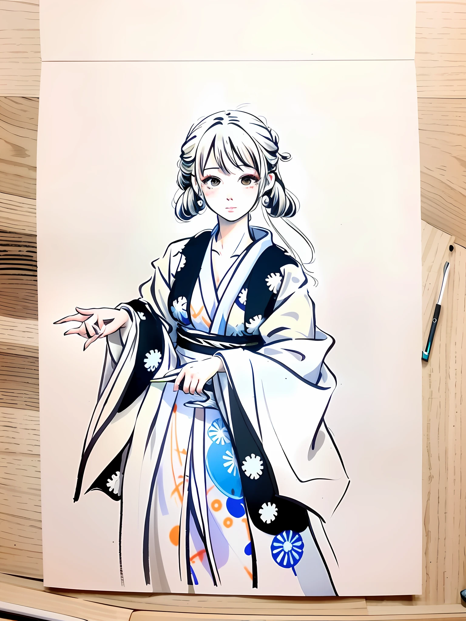 Drawing of a woman in a kimono outfit with a flowered dress SeaArt AI