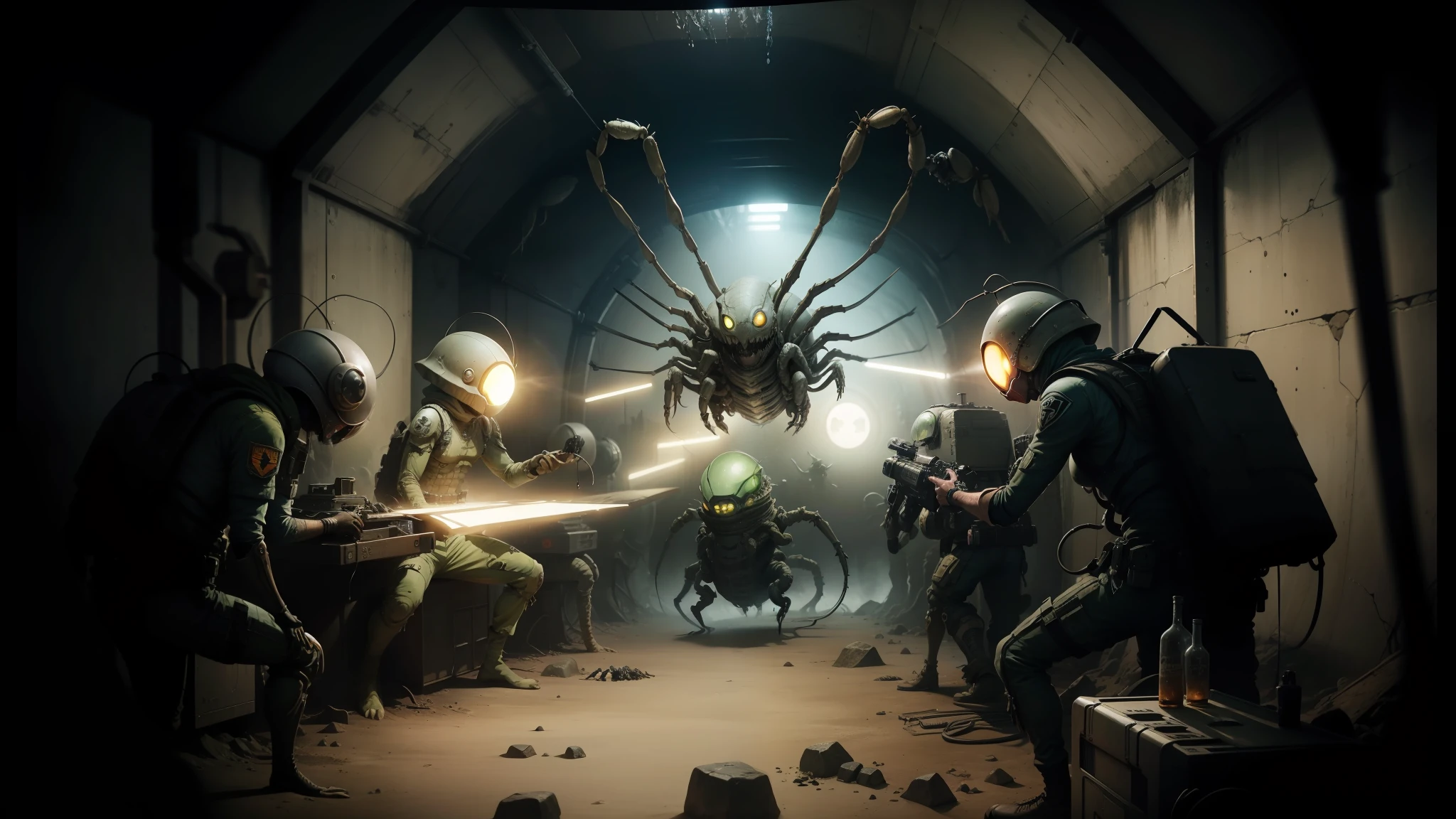 arafed image of a group of soldiers in a tunnel with a giant spider, die antwoord music video, characters from machinarium, underwater combat scene, magazine advertisement, alien in the form of mantis, gameplay, gameplay video, epic scene full of computers, kaiju starfish, minion as lovecraft's monster, electron microscope image, advert, rick baker --auto --s2