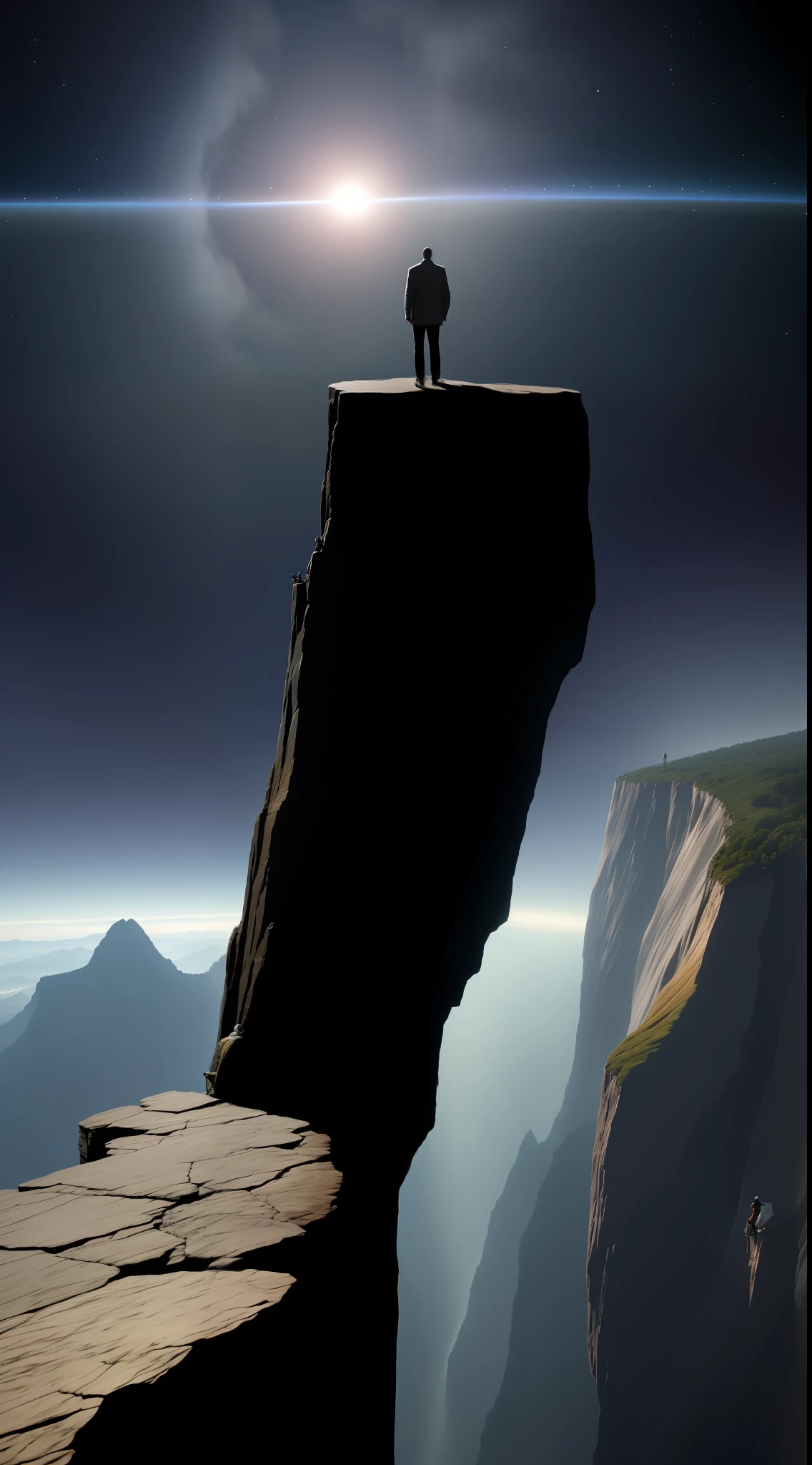 Bald man on the edge of the abyss watching the creation of the universe