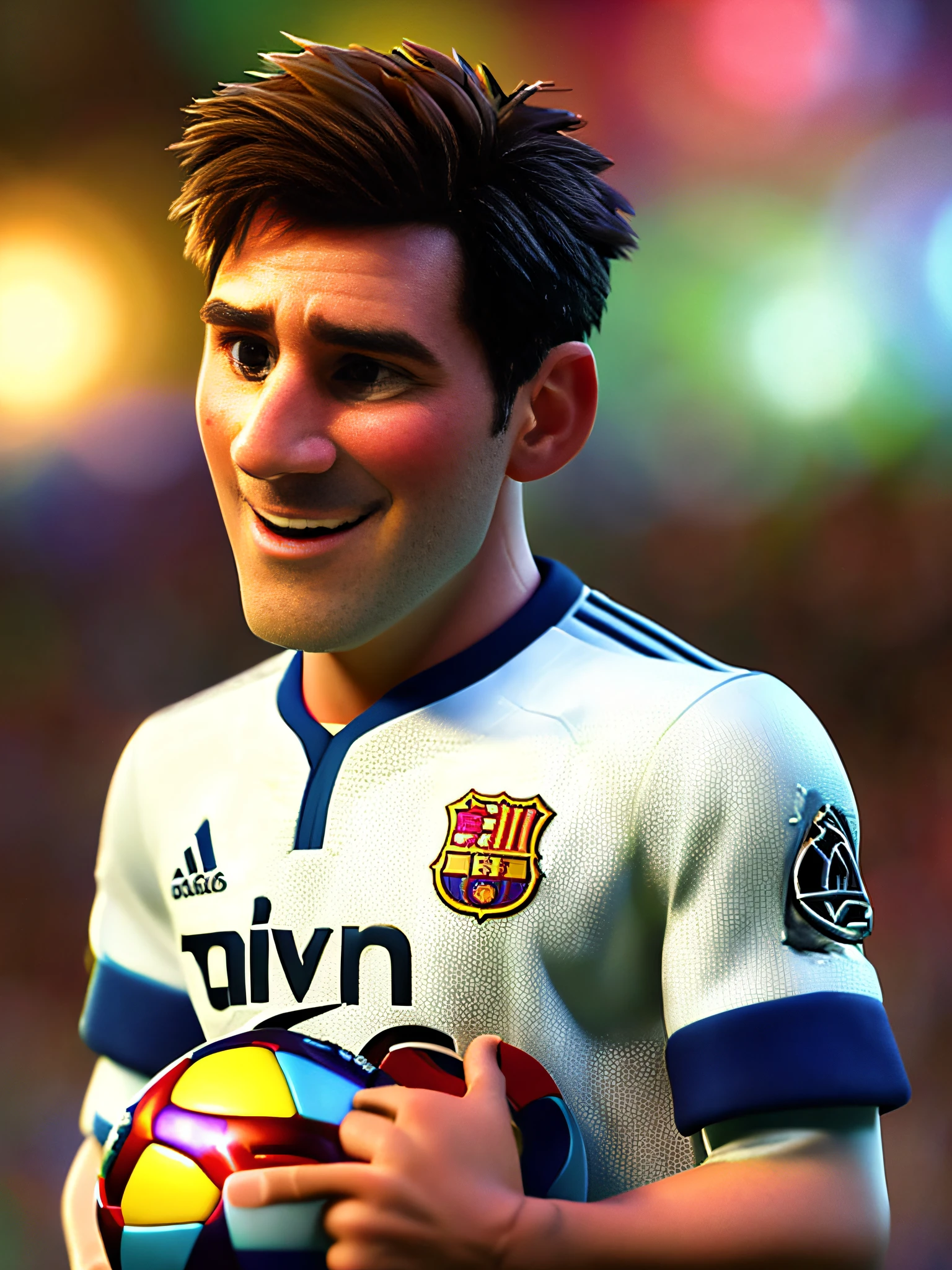 Lionel Messi, (pixar style) (masterpiece:1.2) (bokeh) (best quality) (detailed skin) (detailed texture) (8k) (claymation) (cinematic lighting) (sharp focus