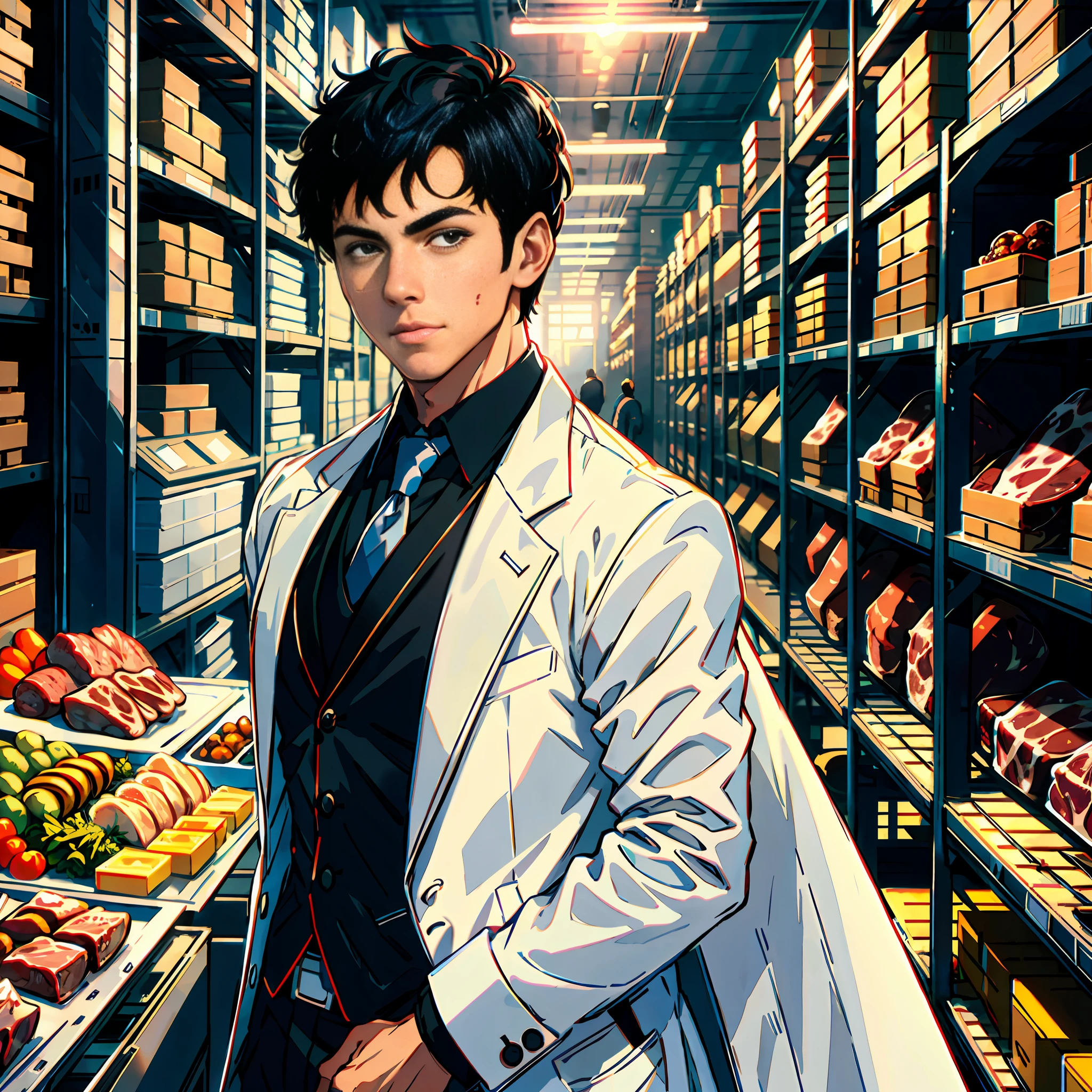 A handsome boy, white sports coat, short black hair, super high detailing, in a huge warehouse, piled with meat, highly real, UHD, chiaroscuro