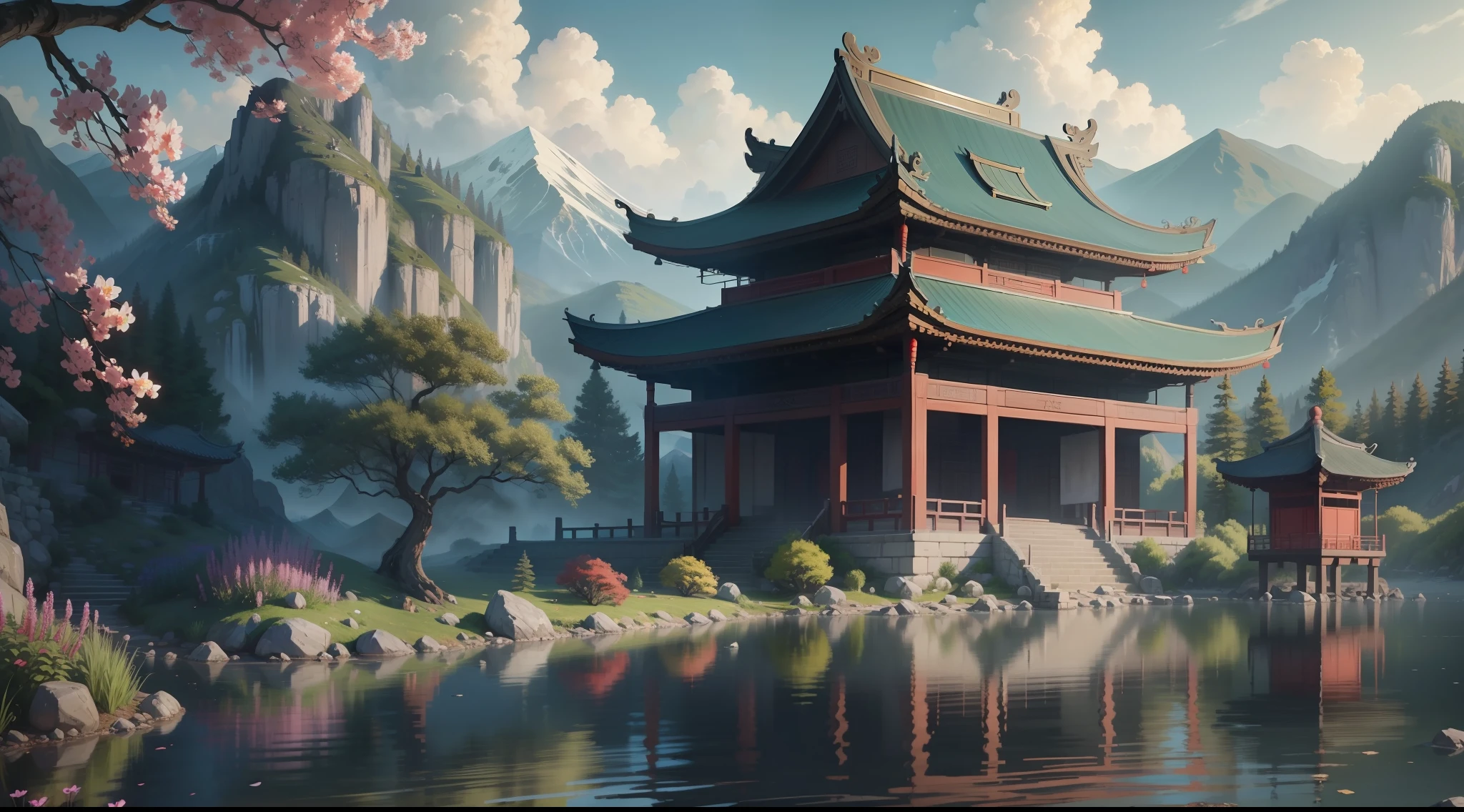 Paintings with ancient Chinese pavilions, and mountain views of the lake, summer, summer, inspired by Stefan Koidl, 4K highly detailed digital art, detailed painting 4 K, beautiful art UHD 4 K, 4K HD mask digital painting, WLOP and RHD, 4K digital painting, 4K digital painting, 8K stunning artwork, 8K resolution digital painting