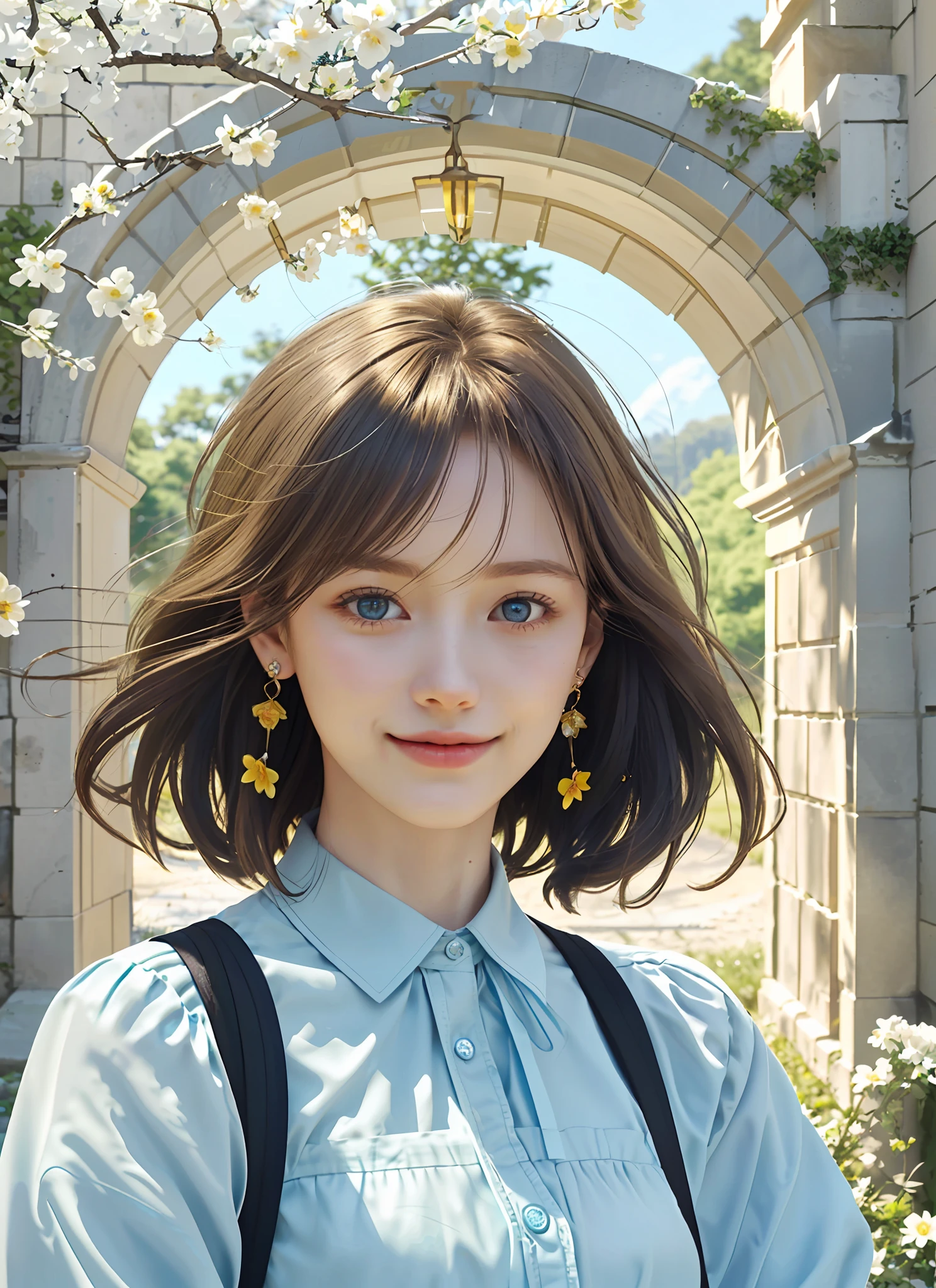Spring, sun goes down, twilight, yellow flowers, clean branches, short brown hair, light blue shirt, black straps, earrings, blue eyes, flowing hair, wind blowing, arched stone doors, delicate hair, smiles, girls, golden scenes, movie lighting