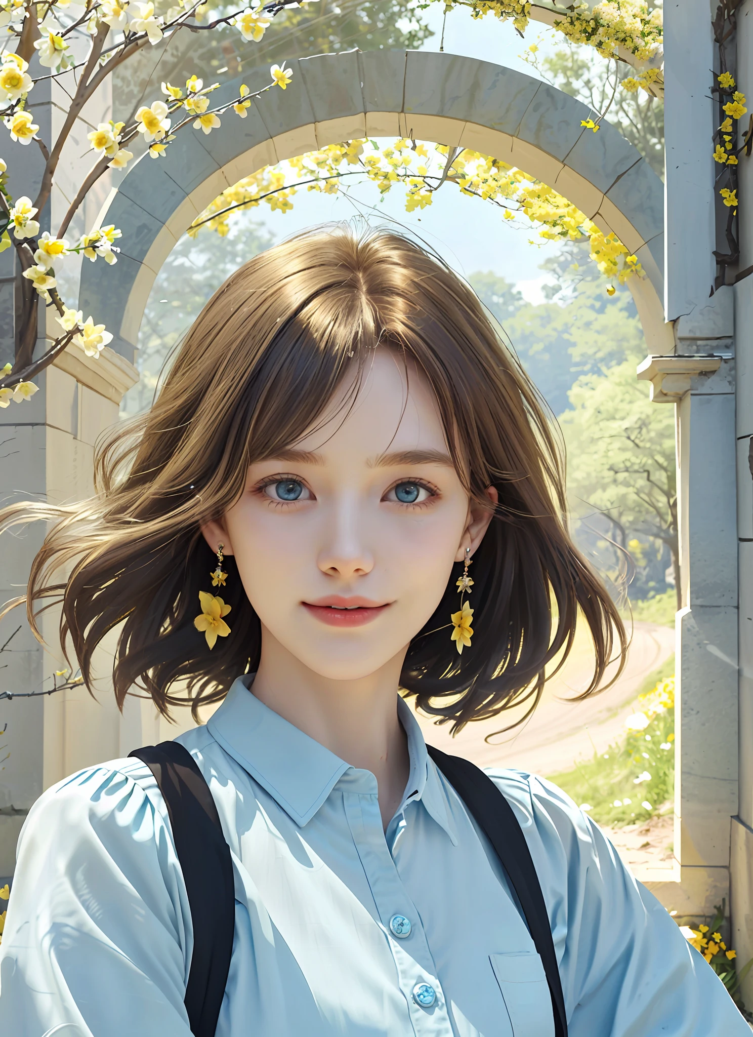 Spring, sun goes down, twilight, yellow flowers, clean branches, short brown hair, light blue shirt, black straps, earrings, blue eyes, flowing hair, wind blowing, arched stone doors, delicate hair, smiles, girls, golden scenes, movie lighting
