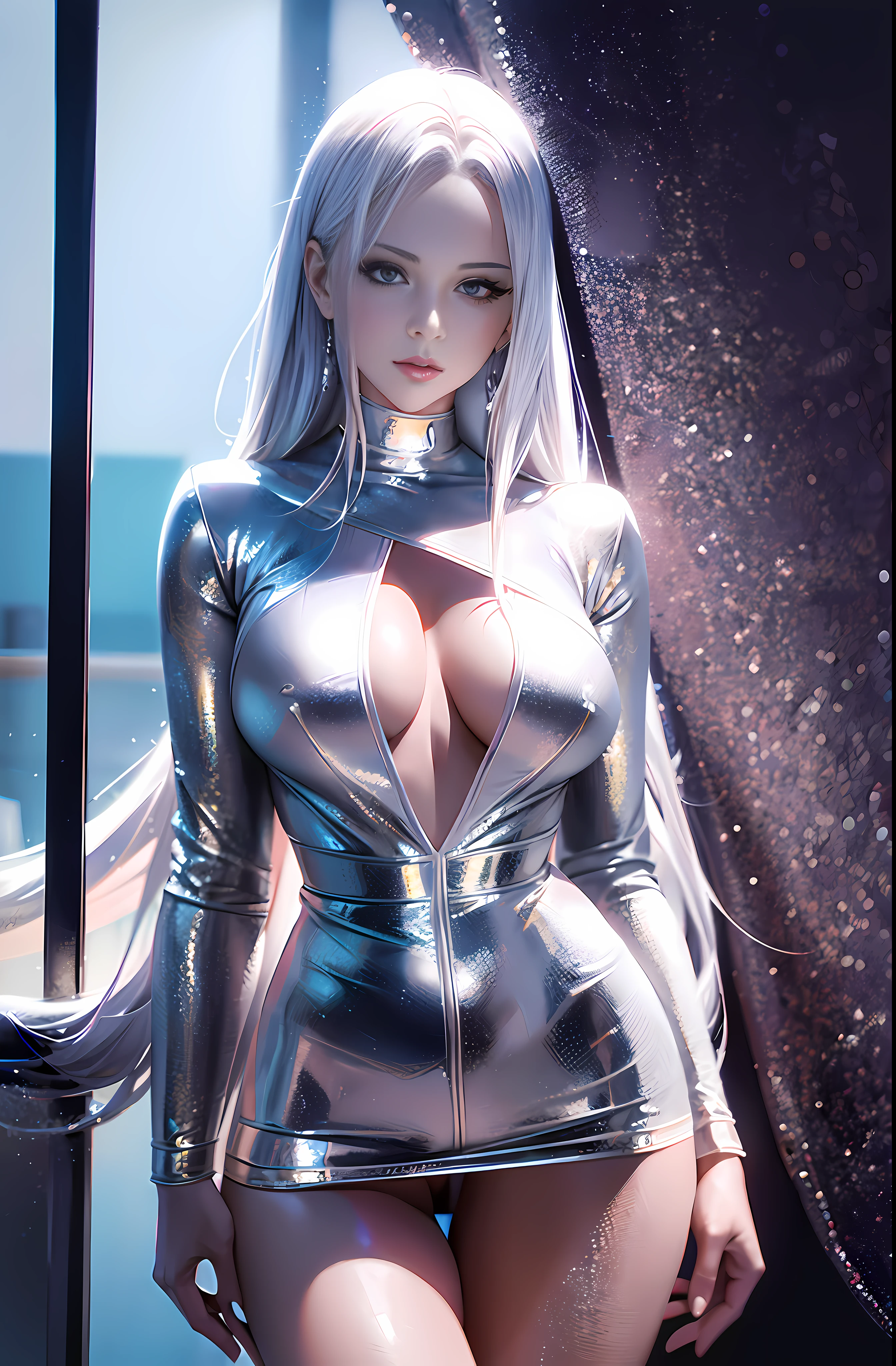 Master anime work, impeccable masterpiece, a sexy mature modern woman in cool sexy modern clothes standing on a pure white background, flowing silver hair, full body standing posture, slender legs, straight breasts, detailed face details, natural and beautiful standing posture, vivid and real body details