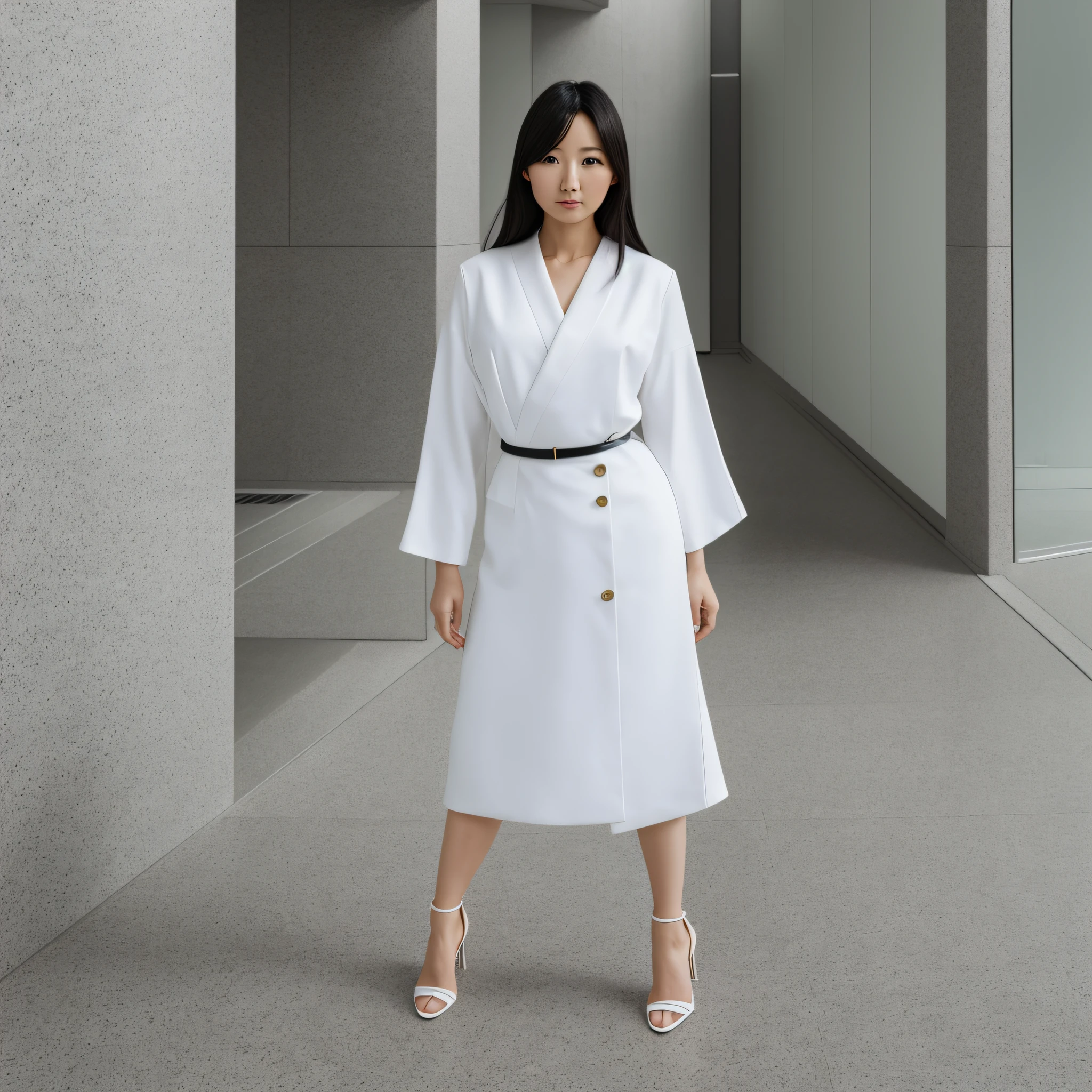 ultra high definition photo, photo image, fashion image, Japan woman photo, full body shot, background is white wall, fashion, woman in her 30s, normal body shape, standing diagonally forward