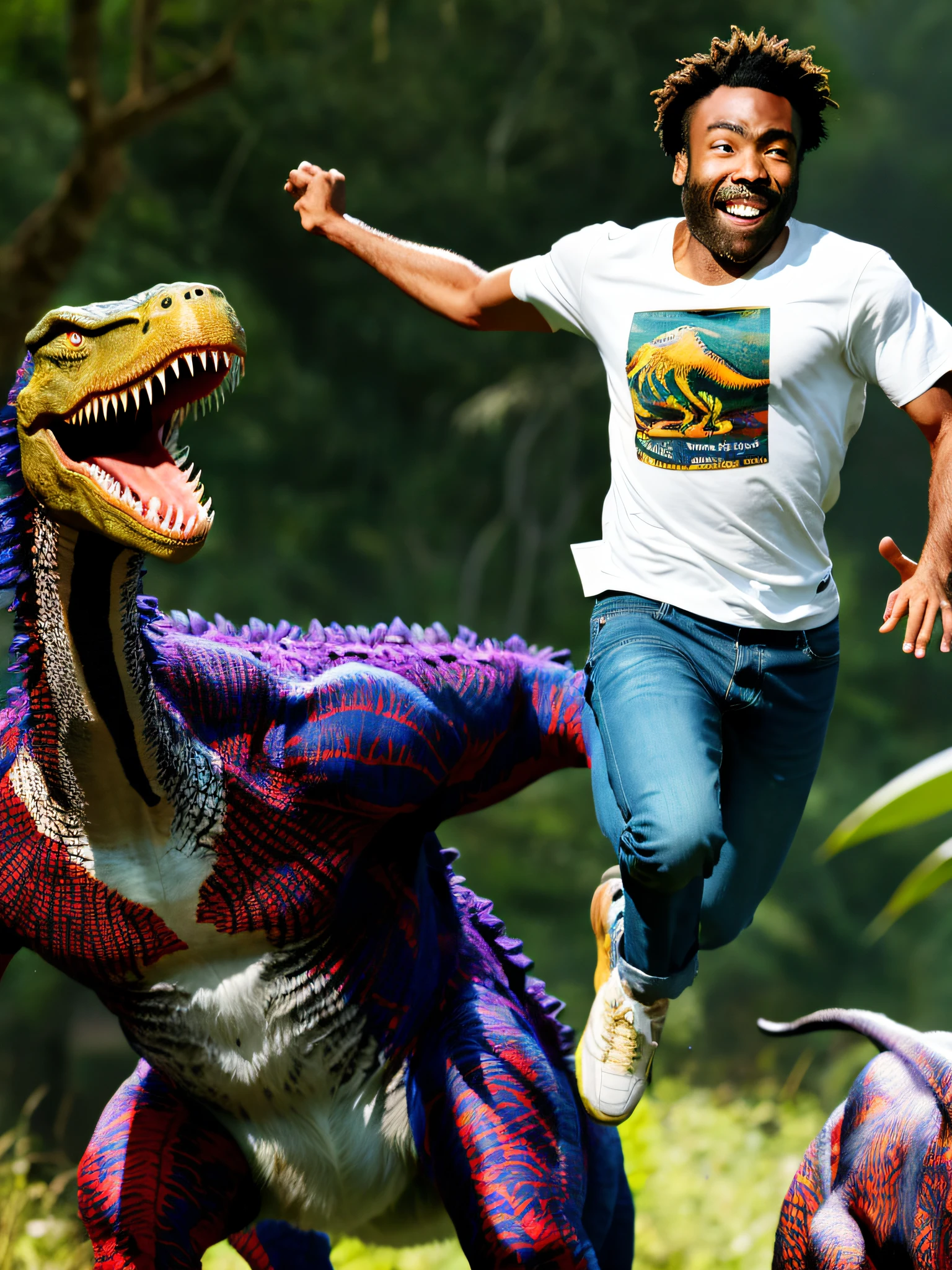 A high-resolution photo of Donald Glover with a goatee and bald head, dressed in a kendal-print T-shirt being chased by a Tyrannosaurus rex in a jungle, screaming in horror, scared, crying