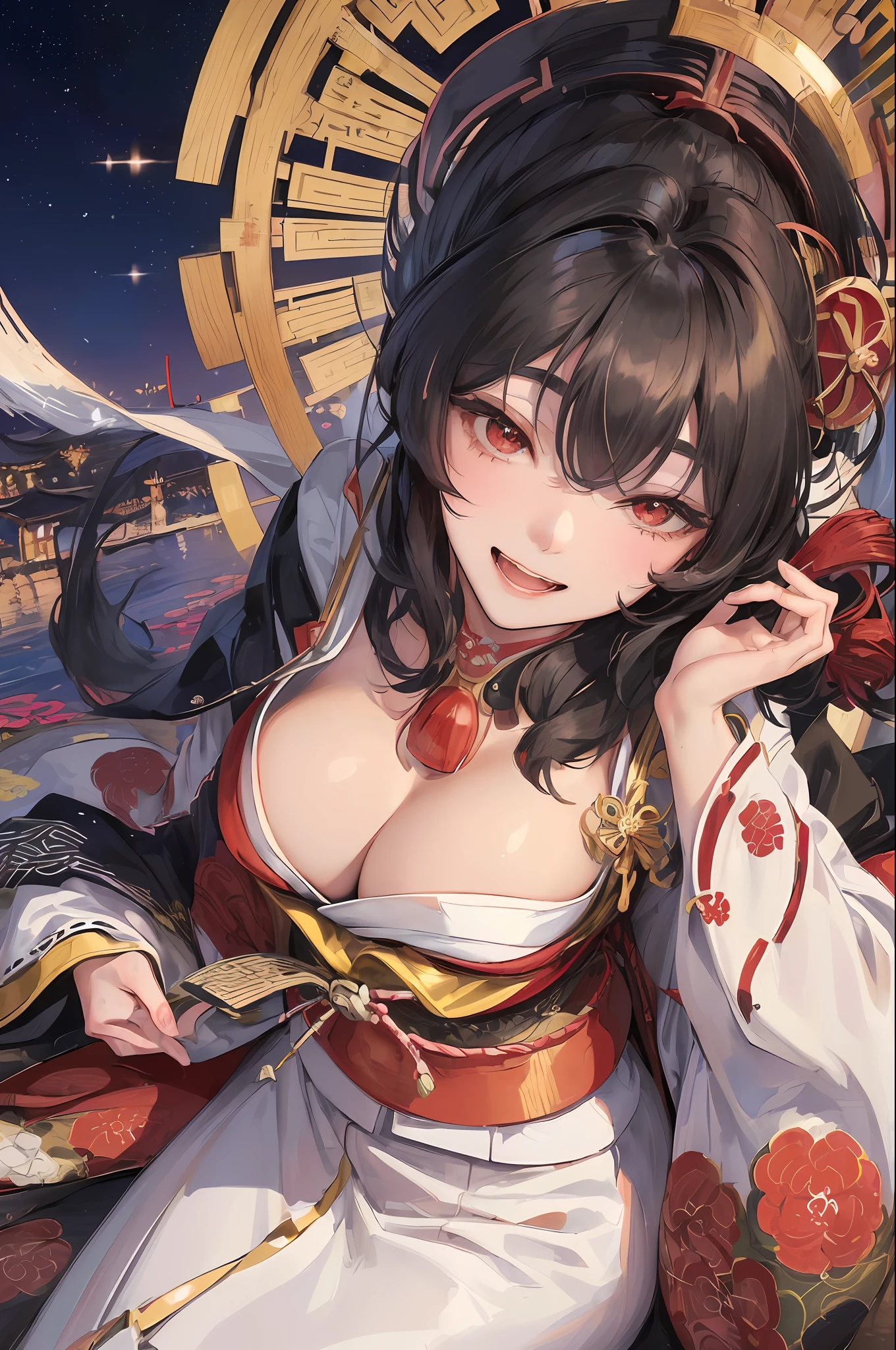 official art, masterpiece, sharp focus, (beautiful gorgeous cute Japan woman:1.3), (beautiful cute Japan woman:1.3), Japan woman 20 years old, Japan beauty, delicate and beautiful hair and eyes and face, realistic, super detailed, beautiful girl, starry sky, glowing white particles, (side light:1.2), (big breasts)), (very soft breasts), moonlight, fine clouds, slender, Adorable breasts and hips, showing teeth and smiling, ((laughing with eyes, open both eyes)), landscape, sexy expression, buildings, (Edo period night cityscape: 1.3), night, dynamic hair, short cut hair, elaborate black hair, shining red eyes, (gold and black fluffy oiran costume), white skin, hair ornaments, magnificent landscape,