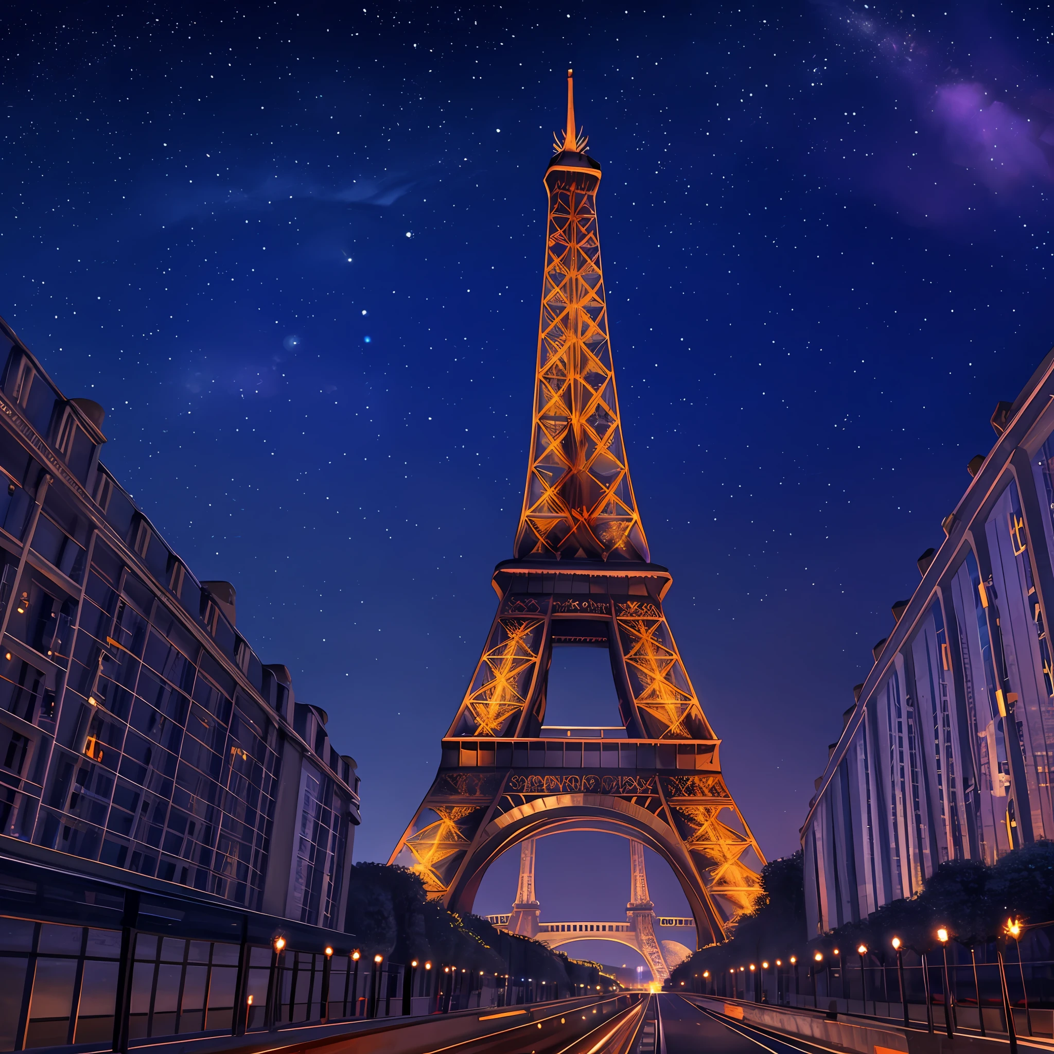 Aerial view of the Eiffel Tower with many lights, Eiffel Tower, amazing wallpaper,hyper realistic photo of the Eiffel Tower, Eiffel Tower by Raymond Han, beautiful night, beautifully lit, illustrious night, starry sky, beautiful and aesthetic, photography, cinematic, 8k, high detailed. --auto --s2