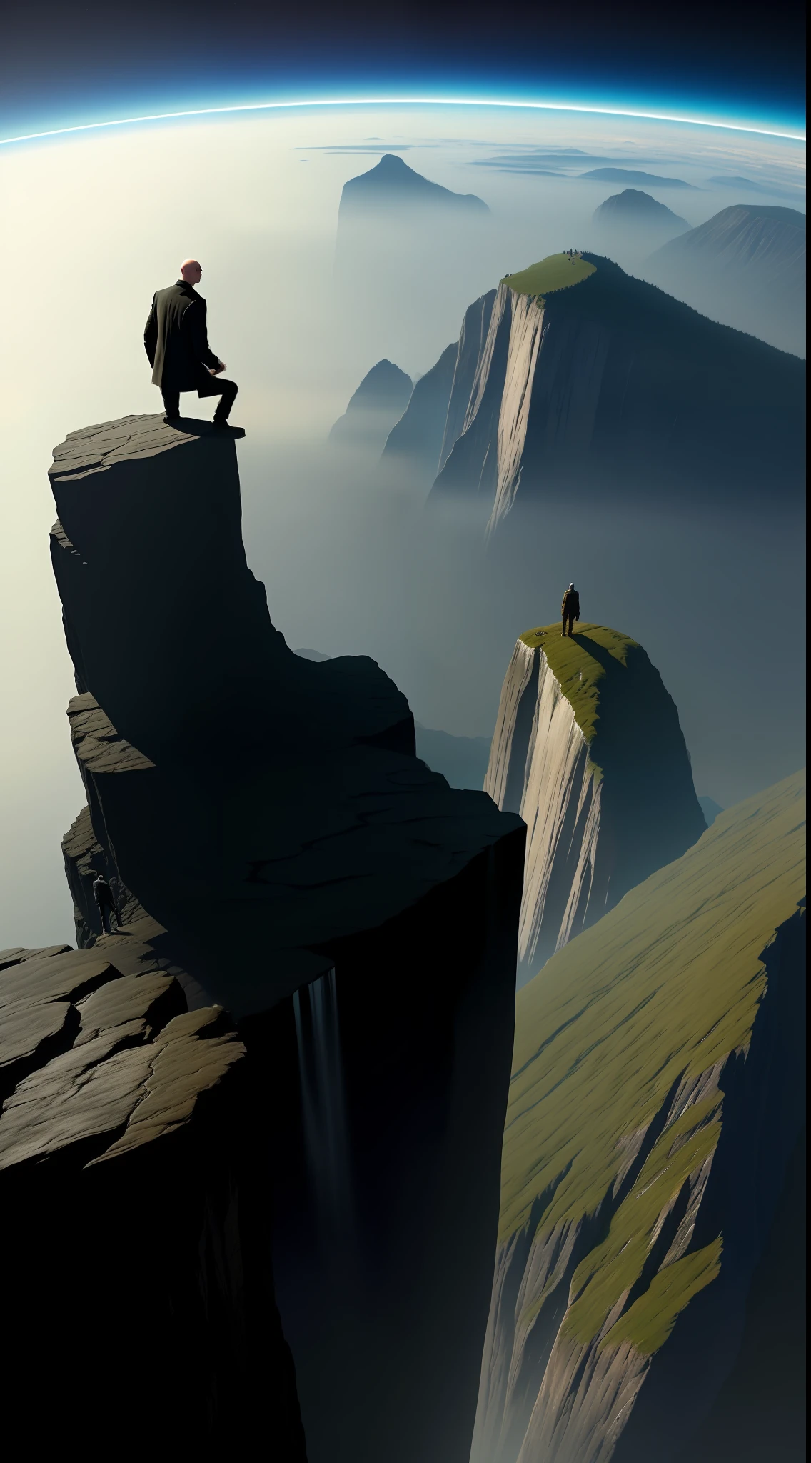 Bald man on the edge of the abyss watching the creation of the universe