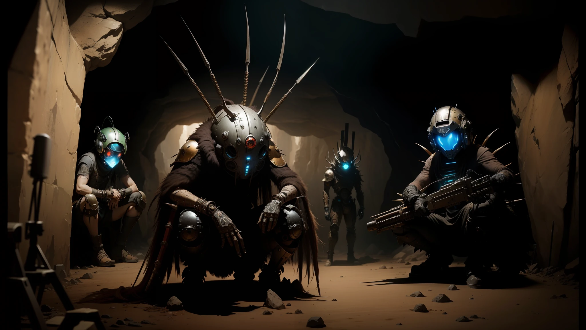 there are many people in a cave with weapons and helmets, ver.ka mecha machinarium, still from a live action movie, tribal style, steampunk spider, photograph of three ravers, with anamorphic lenses, in a spiky tribal style, necro, by Wylie Beckert --auto --s2