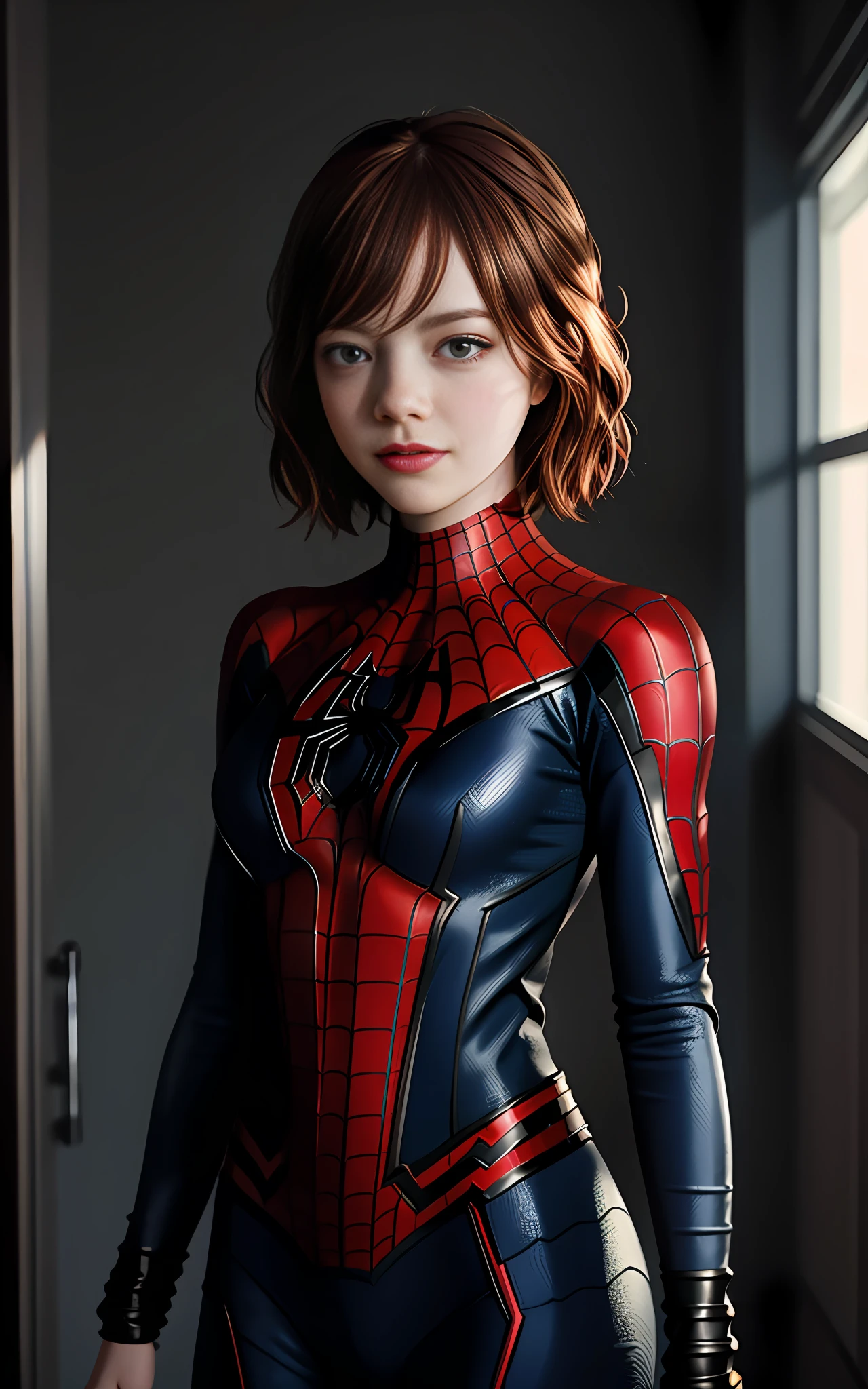 Emma Stone in a spider-man suit, Best quality, masterpiece, an extremely delicate and beautiful, extremely detailed, CG, unity ,2k wallpaper, Amazing, finely detail, light smile, highly detailed CG unity 8k wallpaper, large file size, ultra-detailed, high resolution, highly detailed, 1 girl, slim body, looking at the viewer, sharp focus, face close-up.