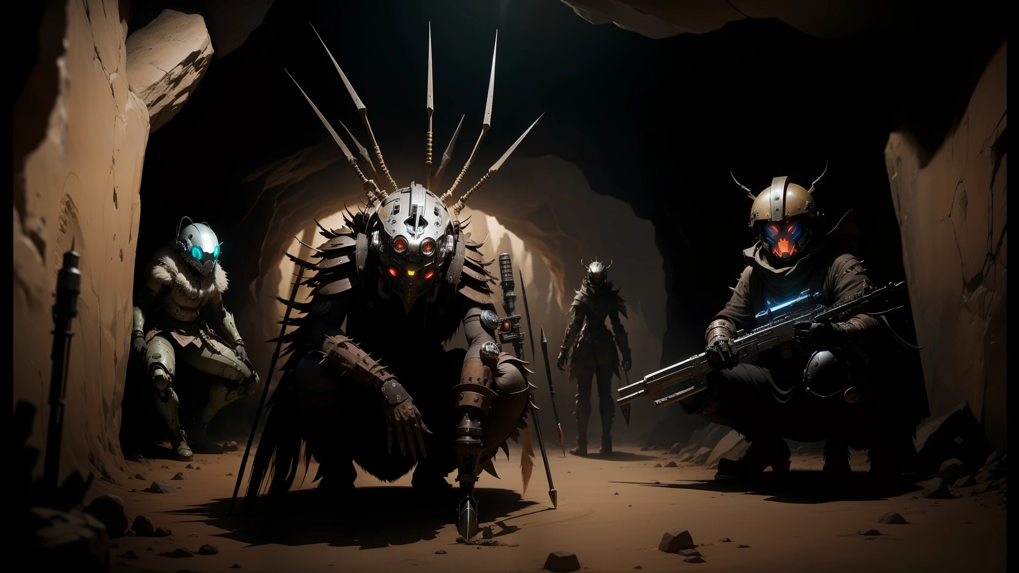 there are many people in a cave with weapons and helmets, ver.ka mecha machinarium, still from a live action movie, tribal style, steampunk spider, photograph of three ravers, with anamorphic lenses, in a spiky tribal style, necro, by Wylie Beckert --auto --s2