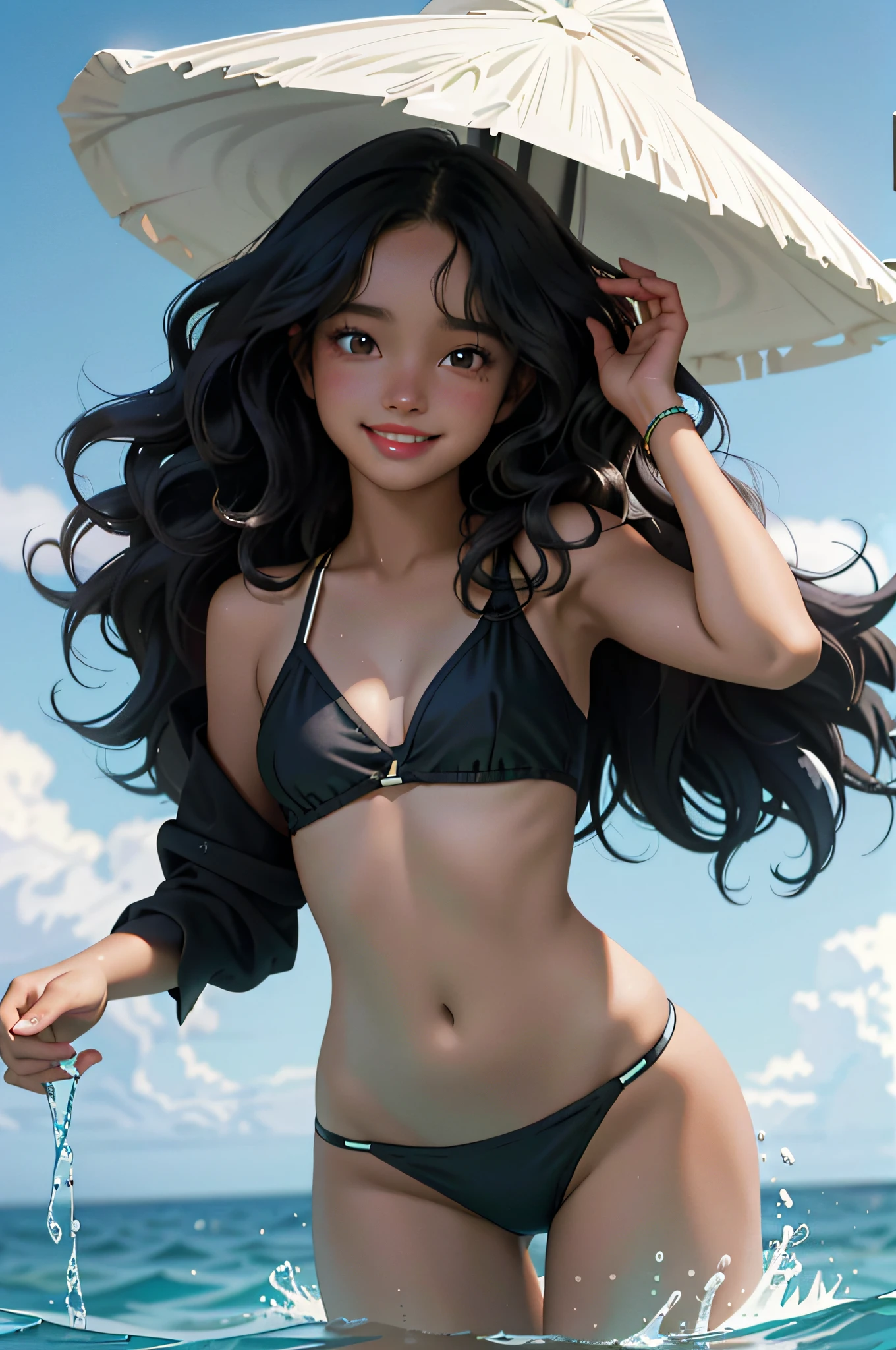 (best quality, masterpiece), 1girl, (dark skin:1.2), curly hair, wavy hair, bikini, ocean, in water, wet, wide brim, happy
