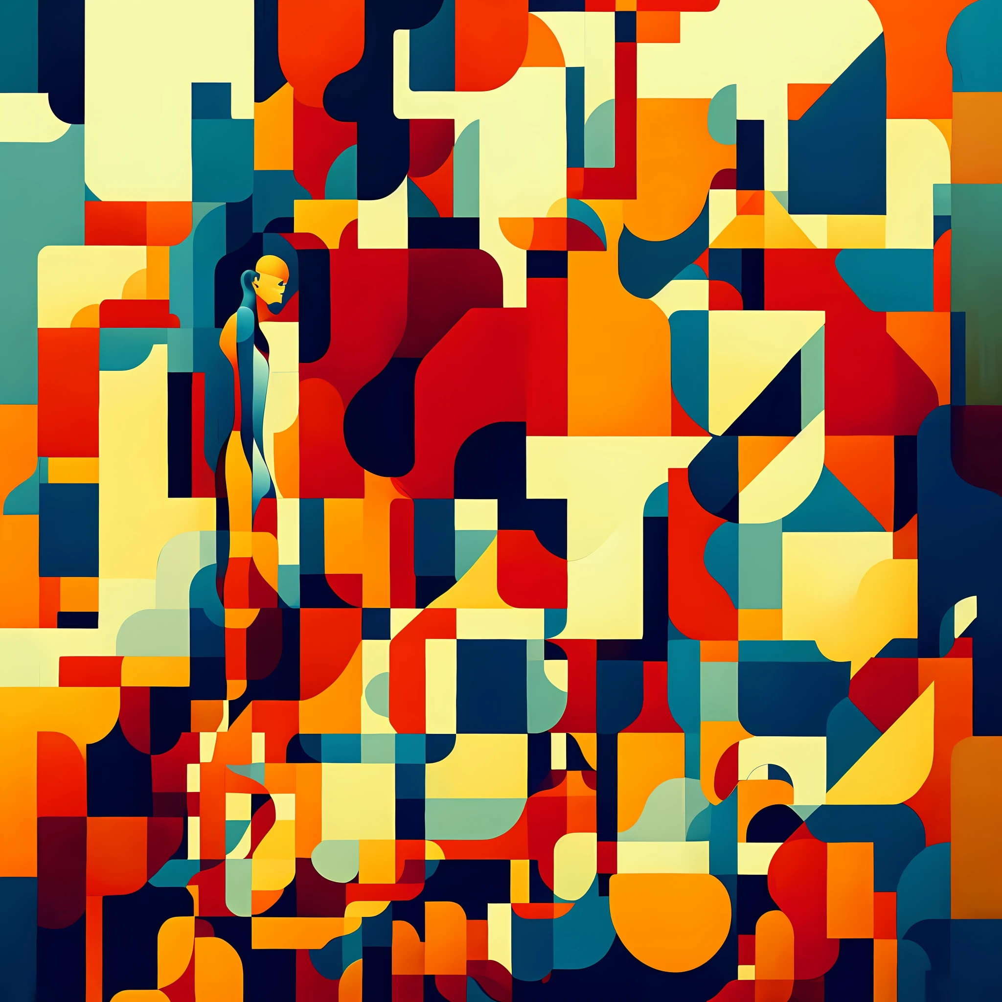 a de stijl portrait of a woman with very long legs vibrant color scheme, highly detailed, in the style of romanticism, cinematic, artstation, moebius, greg rutkowski