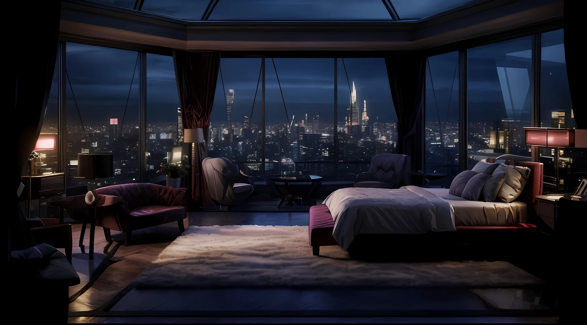 arafed bedroom with a view of the city at night, personal room background, cyberpunk bedroom at night, neo - noir setting, set in tokyo rooftop, dark bedroom, bedroom background, dimly lit bedroom, gotham setting, night time render, photorealistic cinematic render, dramatic lighting render, dream like atmosphere 8k, 8 k sensual lighting, luxurious environment