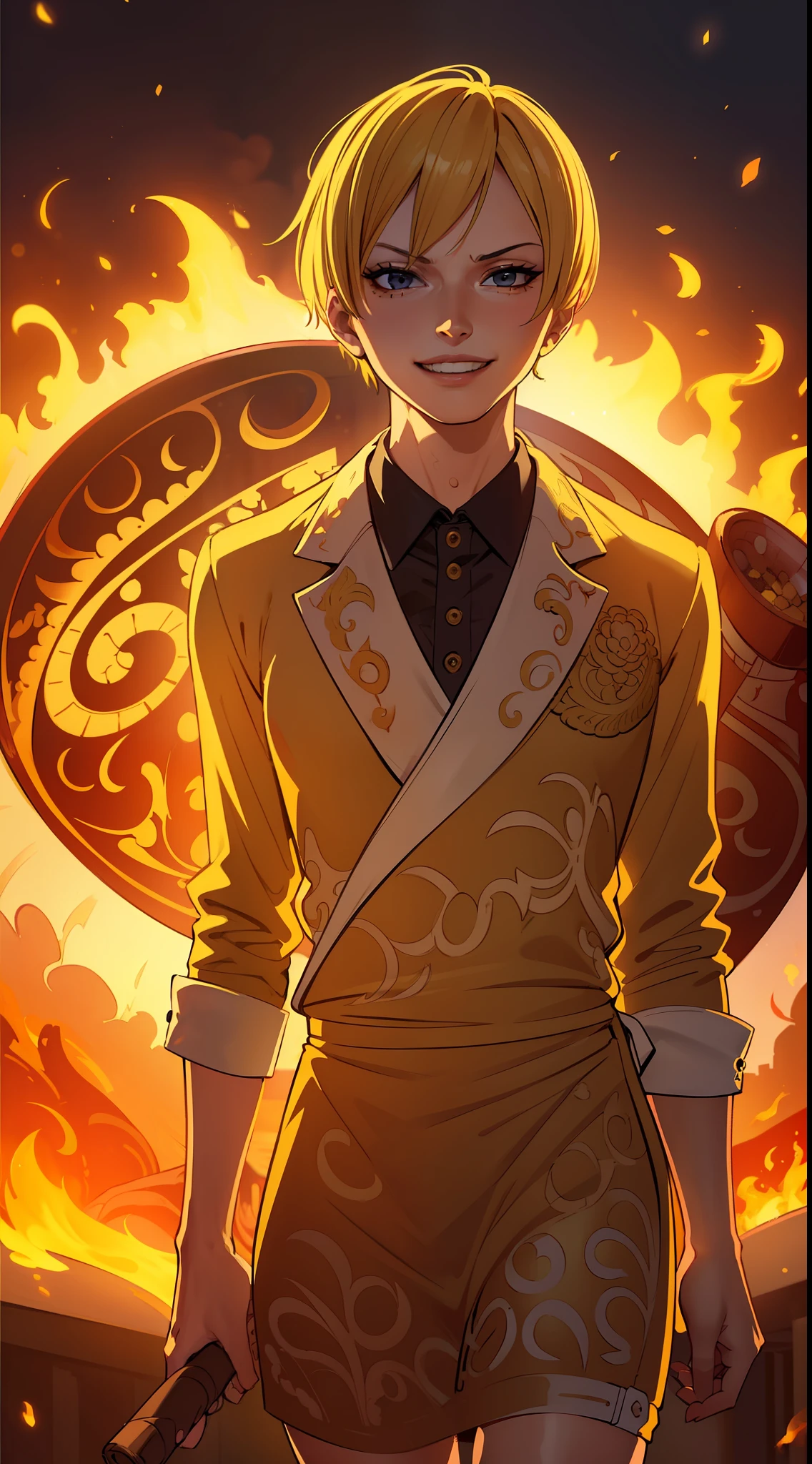 ultra realistic 8k cg, ((ultra detailed background, delicate pattern, intricate detail, highly detailed, fine details)), best quality, (photorealistic:1.4),beautiful lighting, Vinsmoke Sanji, Black Leg sanji, cook, one piece, big smile, smirk, yellow hair, hot girl, chef, smoke, cigar, black suit, leg on fire.