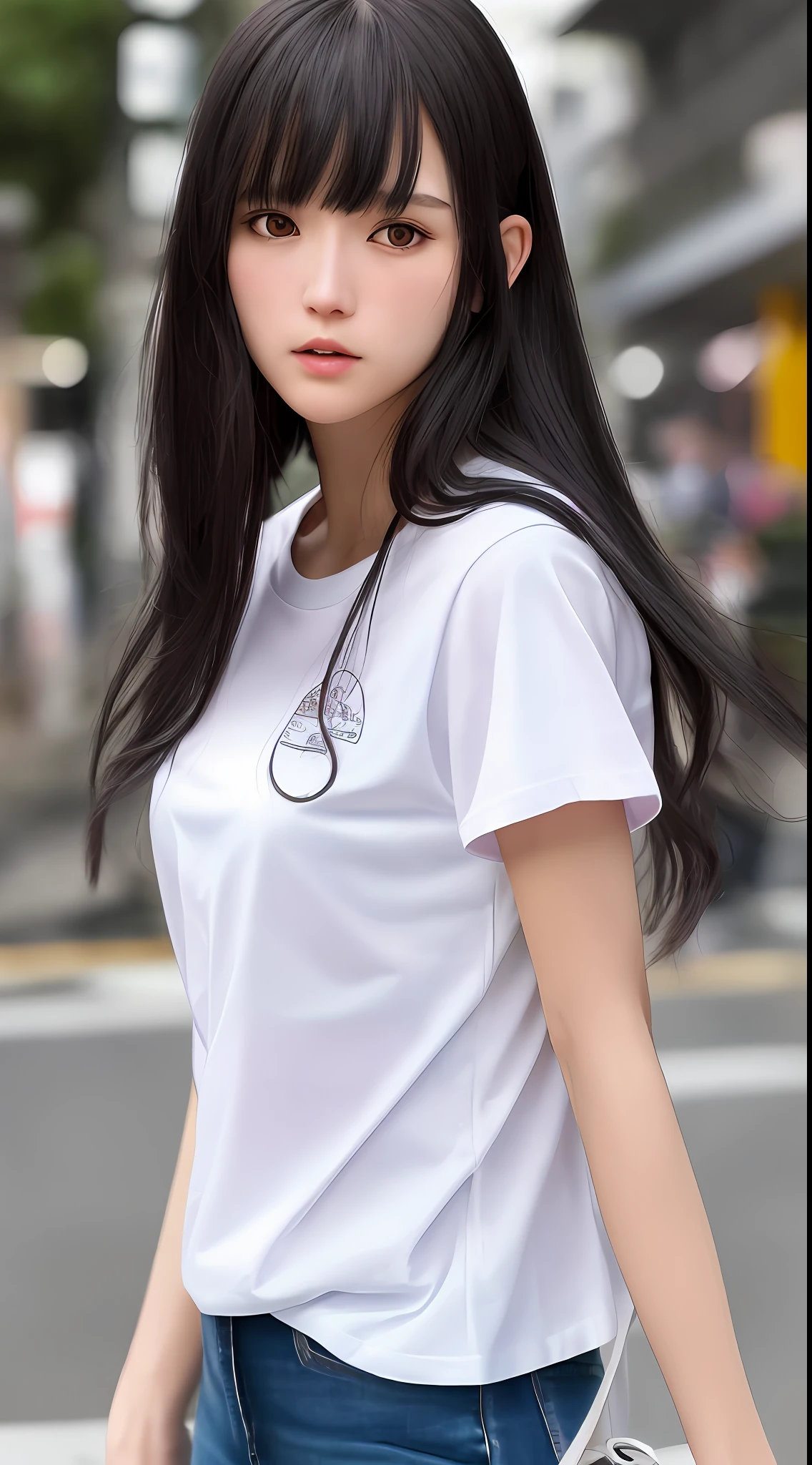 Best Quality, Super Detail, Masterpiece, Fine Detail, High Resolution, Portrait, 8k Wallpaper, Realistic Details, Clothing Details, Skin Details, Detailed Eyes, Photoshop \(Medium\), Slim Body, 1 Girl, Japan Person, 30 Years Old, Beautiful Eyes, Bare Skin, Well-Formed Face, Bangs, Blunt Bangs, Colossal, (Looks Pleasant), Mouth Open, Close Up, White Skin, Long Hair, Black Hair, Long T-Shirt , pink T-shirt, walking on the street, hard breasts, hair fluttering, ears visible, only the upper body visible, not visible from the waist up