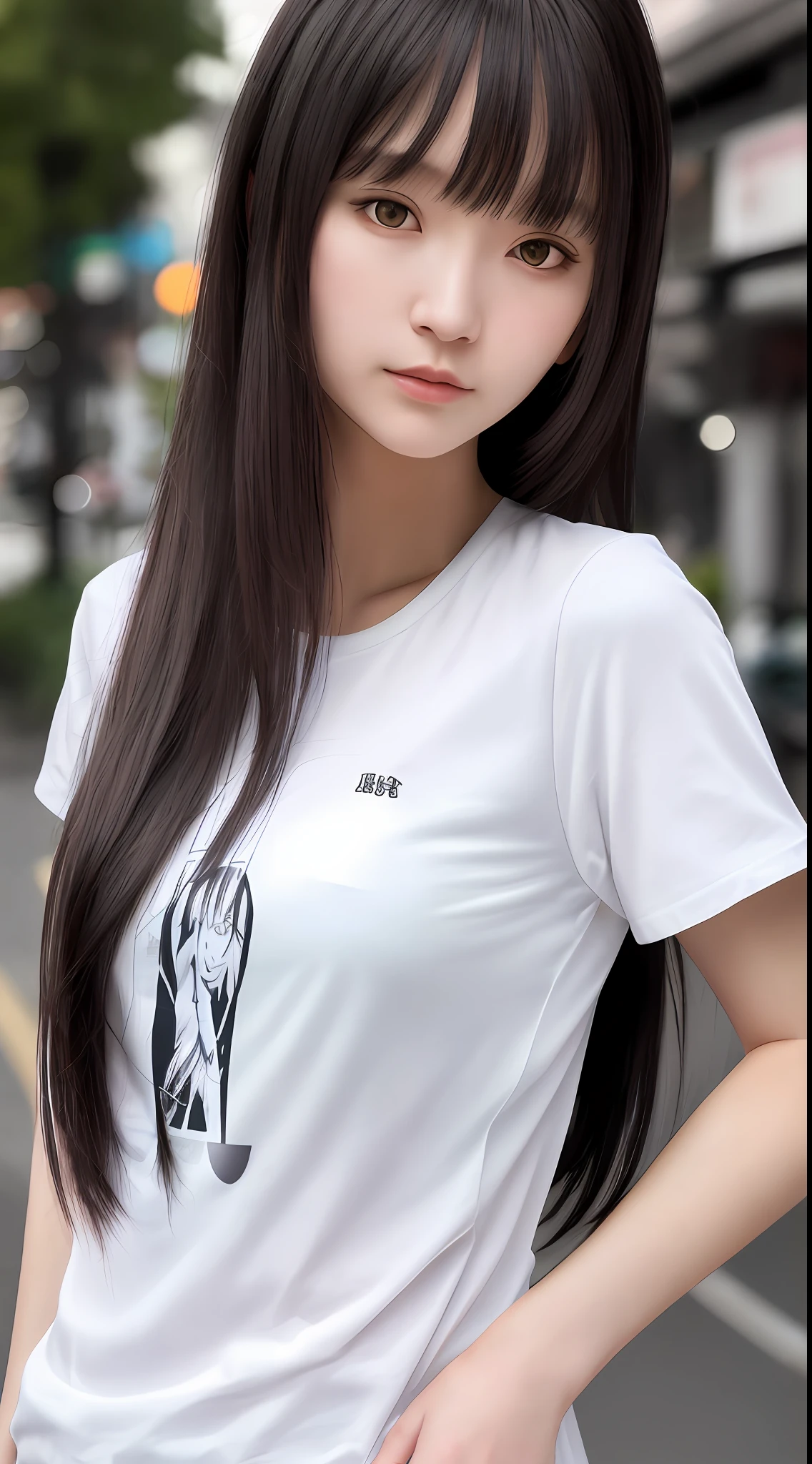 Best Quality, Super Detail, Masterpiece, Fine Detail, High Resolution, Portrait, 8k Wallpaper, Realistic Details, Clothing Details, Skin Details, Detailed Eyes, Photoshop \(Medium\), Slim Body, 1 Girl, Japan Person, 30 Years Old, Beautiful Eyes, Bare Skin, Well-Formed Face, Bangs, Blunt Bangs, Colossal, (Looks Pleasant), Mouth Open, Close Up, White Skin, Long Hair, Black Hair, Long T-Shirt , pink T-shirt, walking on the street, hard breasts, hair fluttering, ears visible, only the upper body visible, not visible from the waist up