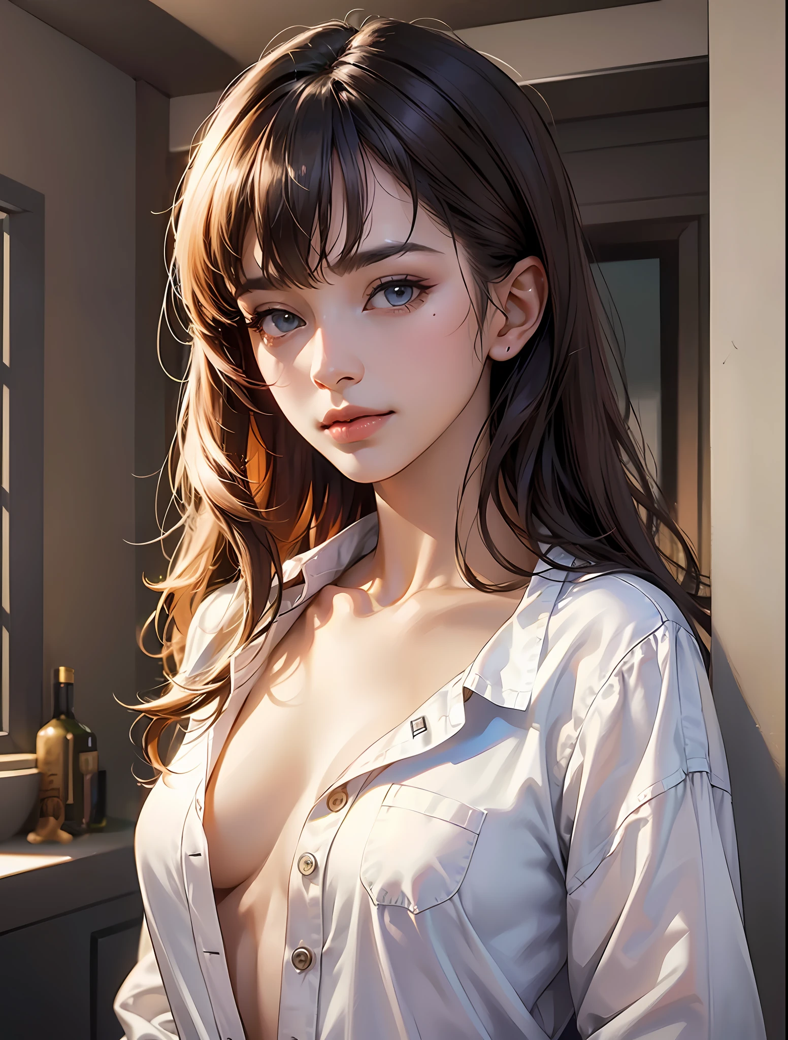 (extremely detailed CG unity 8k wallpaper), (masterpiece), (best quality), (ultra-detailed), (best illustration), (best shadow), ultra-high res, (photorealistic:1.4), 1girl at home, ((very oversize shirt, buttoned shirt, open shirt)), (man shirt), no bra, collarbone, (small breasts:1.2), small, (long hair:1.2), looking at viewer, light smile, upper body, makeup, --auto --s2