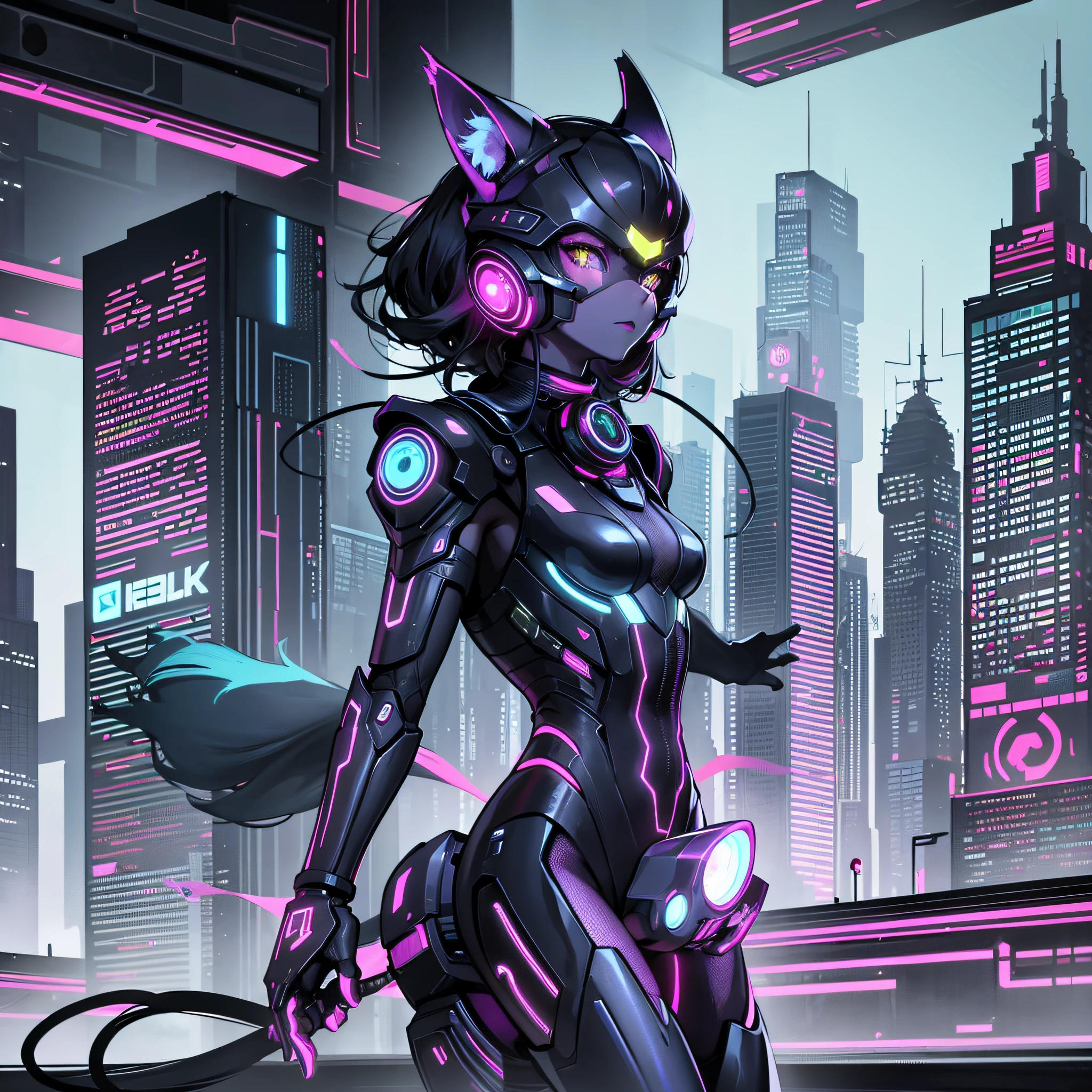 a cat with glowing eyes and a futuristic suit standing in front of a city, cyberpunk art inspired by Jules Chéret, Artstation contest winner, furry art, cyberpunk cat, cat from the void, furry fantasy art, beeple and jeremiah ketner, cyborg cat, cybercat, cat warrior, a cyborg cat, style hybrid mix of beeple --auto --s2