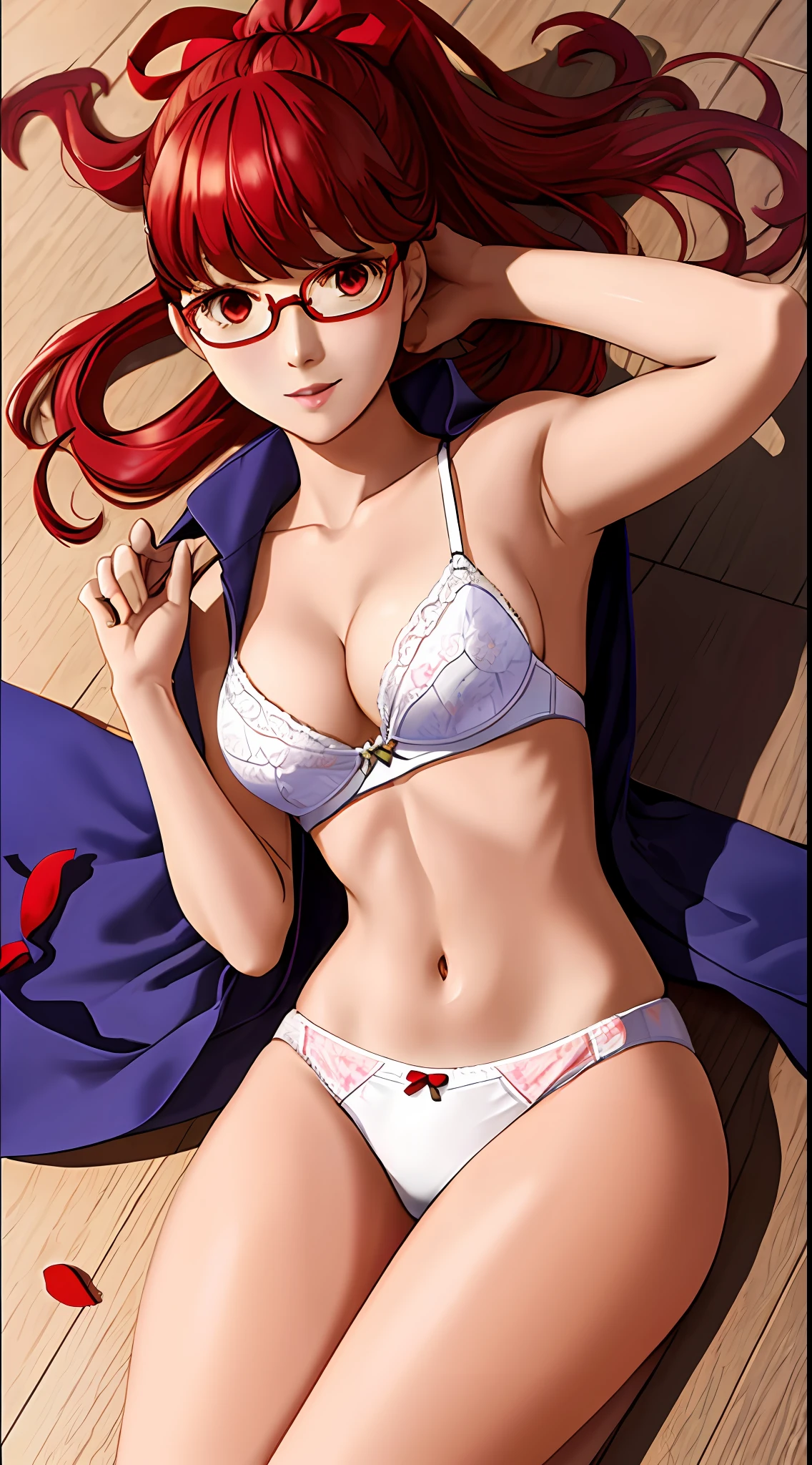 Solo, Sumire Yoshizawa (persona 5, 1female, white skin, Japanese, red eyes, medium red hair with bangs and ponytail, small breasts, glasses), anime), ((ecchi, lewd)) sunny day, photo from behind, (masterpiece, best quality, 8k, sharp focus, depth of field, best shadows, perfect lights, HDR, realistic skin texture, hyper detailed background), tight white lingerie,  Panties, Japanese House, Lying on the Floor, Oiled Body