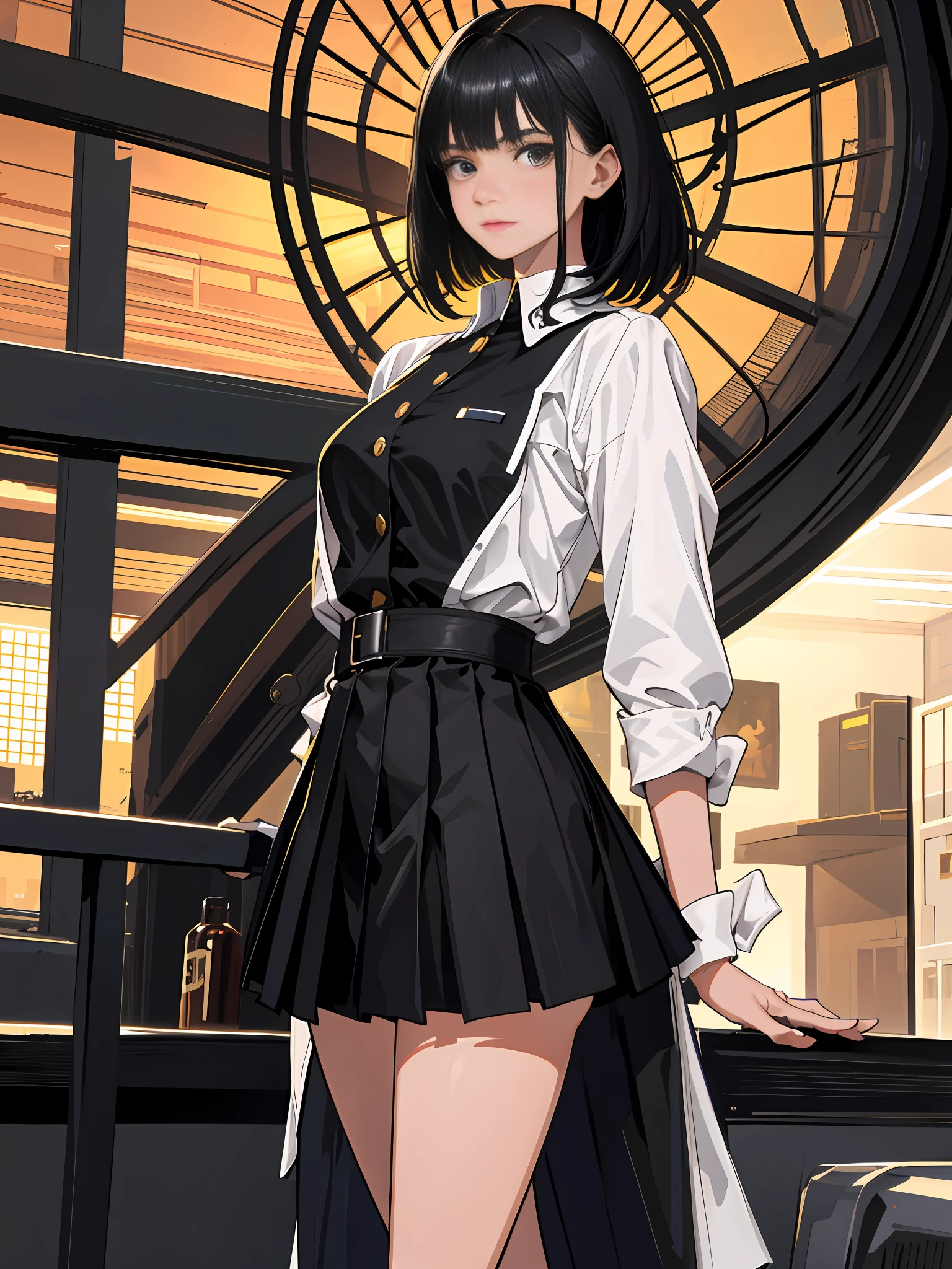 (highest resolution, distinct_image), highest quality, masterpiece, highly detailed, semi-realistic, short black-haired woman, mature woman, triple bangs, black uniform, black pleated skirt, military uniform, uniform, airbase, tarmac, standing in front of fighters,
