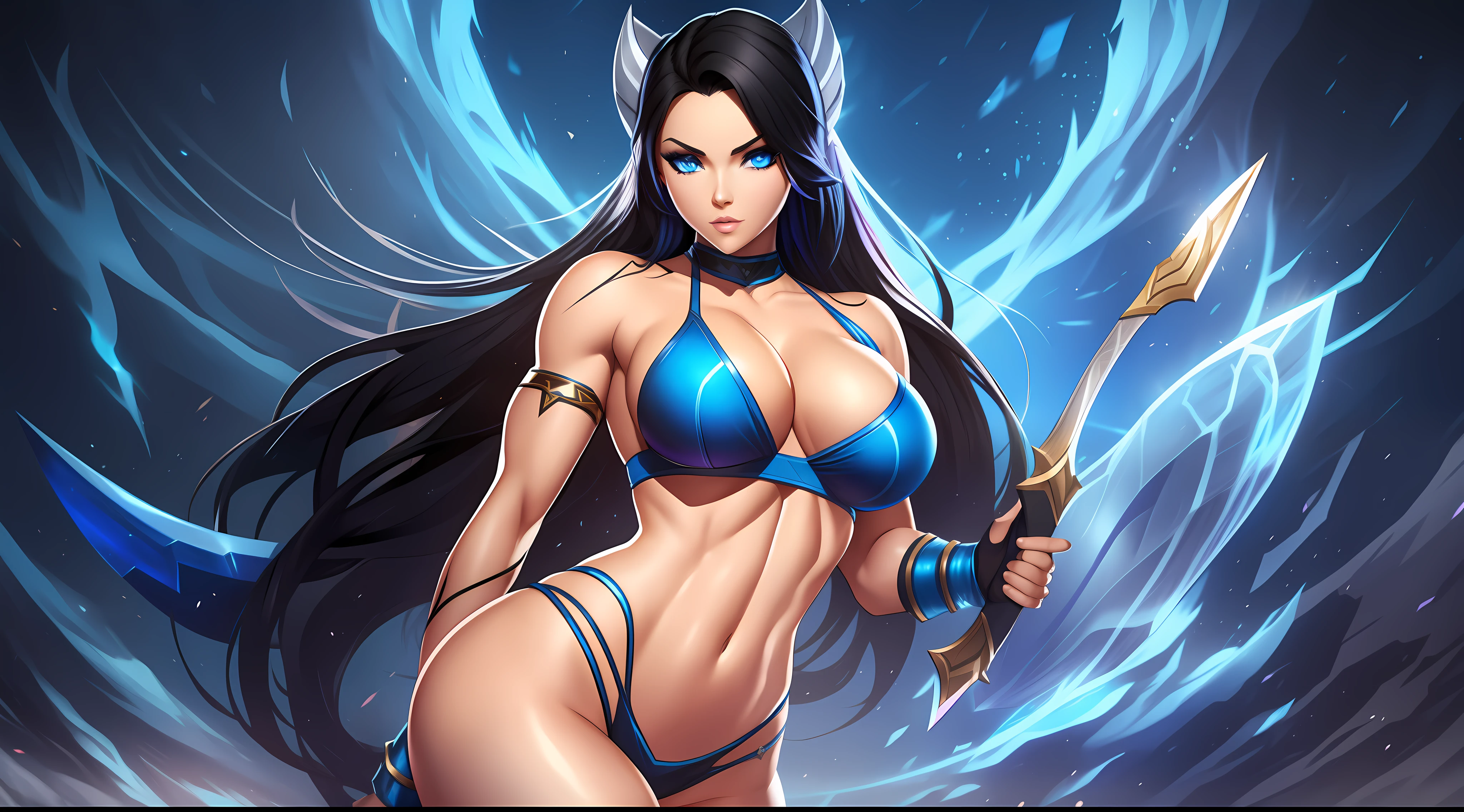 league of legends, ashe, bow, micro bikini, huge , black hair, blue eyes, wide hips, thick thighs, muscles, abs