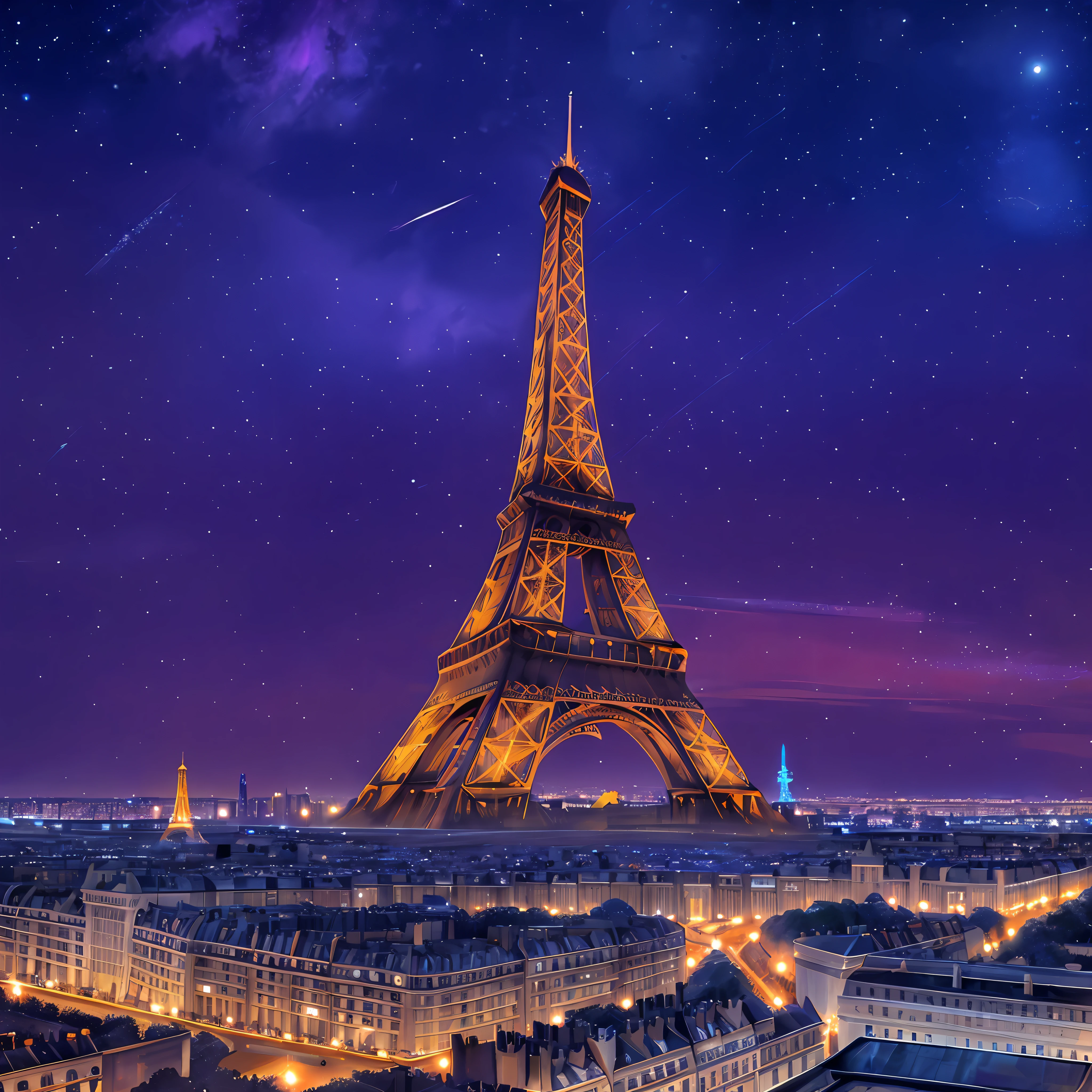 Aerial view of the Eiffel Tower with many lights, Eiffel Tower, amazing wallpaper,hyper realistic photo of the Eiffel Tower, Eiffel Tower by Raymond Han, beautiful night, beautifully lit, illustrious night, starry sky, beautiful and aesthetic, photography, cinematic, 8k, high detailed. --auto --s2