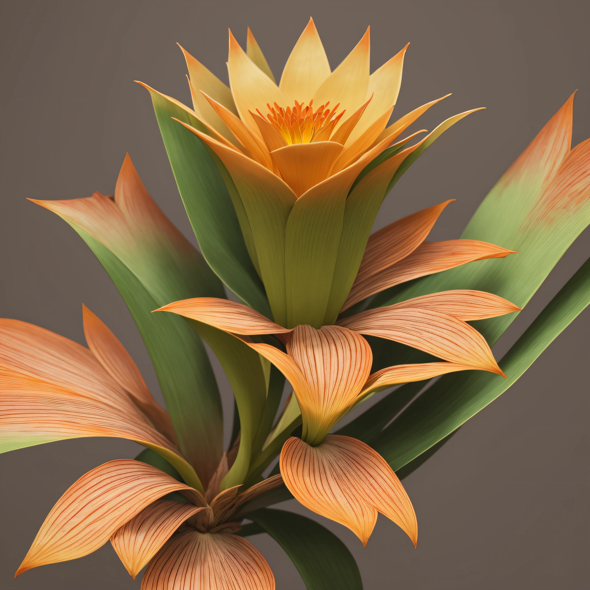 bromeliad flower blooming on a twisted branch against a gray background, simple background, in light orange and light beige style, minimalist images, photographic installations, paleocore, green and crimson, hyper-realistic poetic intimacy 768X2048 --auto --s2