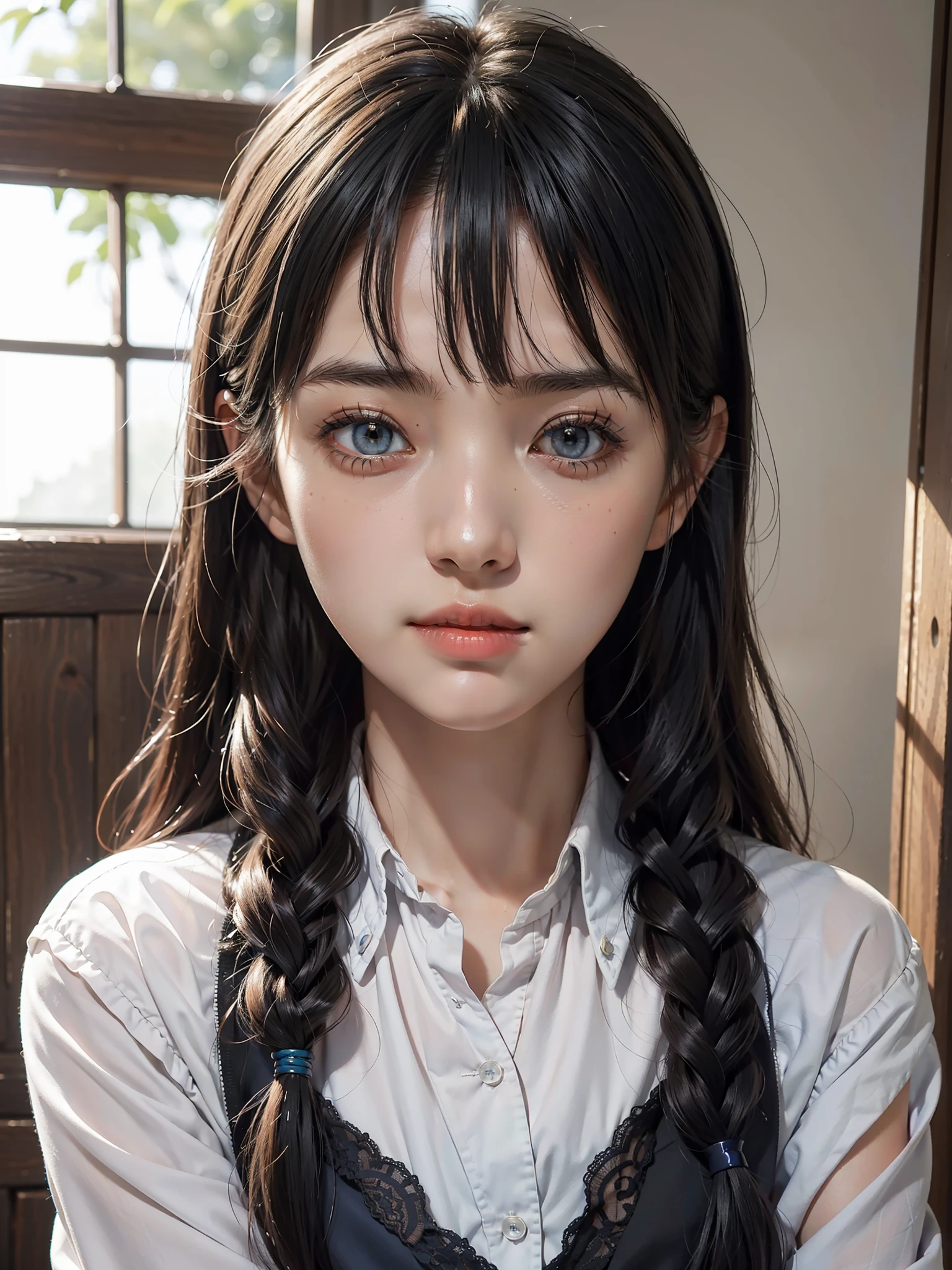 Angel smile, showing huge tits,masterpiece, photorealistic(masterpiece), realistic, (portrait of a girl), beautiful face, sunlight, cinematic light, bangs, a beautiful woman, beautiful eyes, black hair, perfect anatomy, very cute, princess eyes , (black eyes) , (frame the head), Centered image, stylized, bioluminescence, 8 life size,8k Resolution, School girl uniform,Japanese high School uniform with small blue details, human hands, wonder full, elegant, approaching perfection, dynamic, highly detailed, character sheet, concept art, smooth, facing directly at the viewer positioned so that their body is symmetrical and balanced, stunningly beautiful teenage girl, detailed hairstyle,