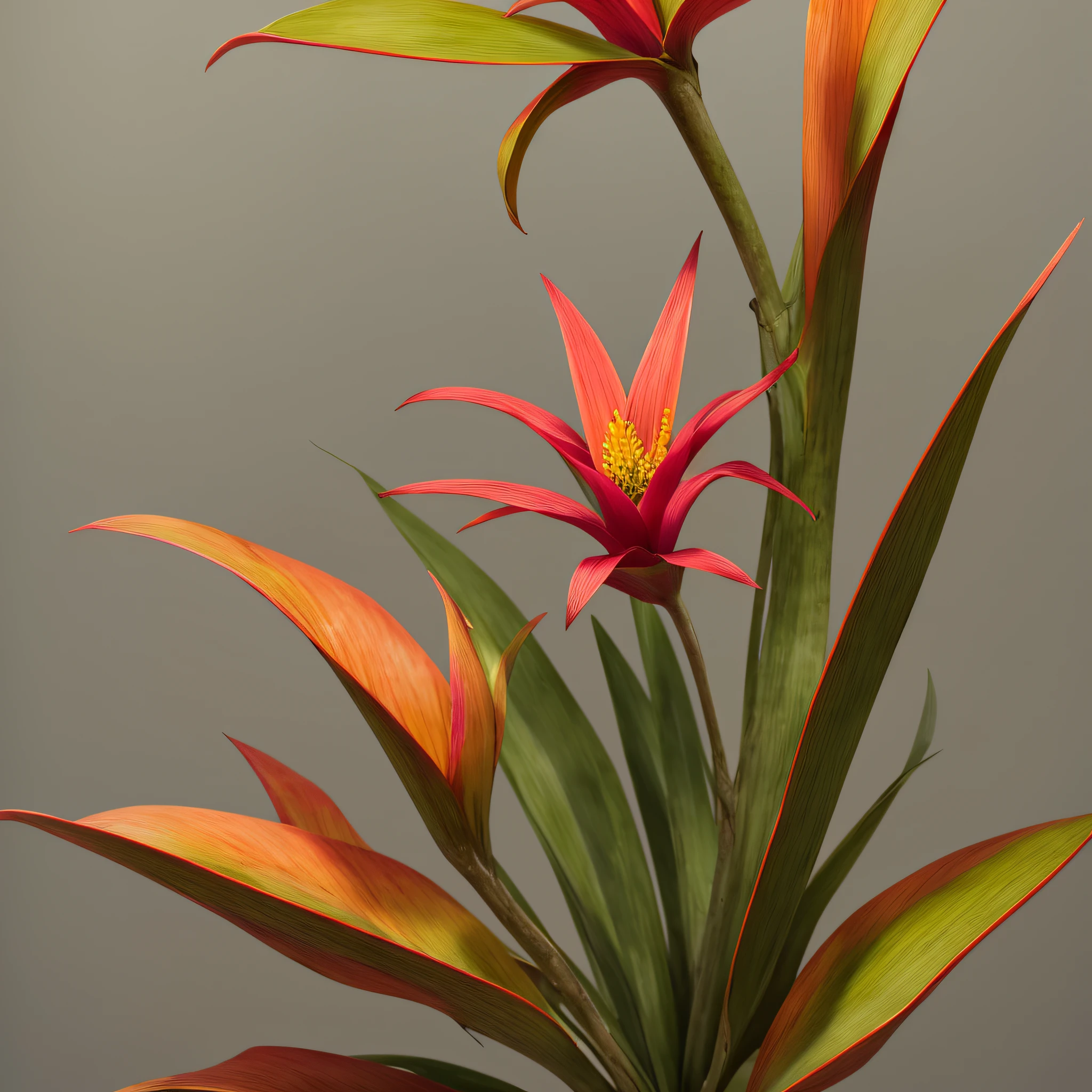 bromeliad flower blooming on a twisted branch against a gray background, simple background, in light orange and light beige style, minimalist images, photographic installations, paleocore, green and crimson, hyper-realistic poetic intimacy 768X2048 --auto --s2