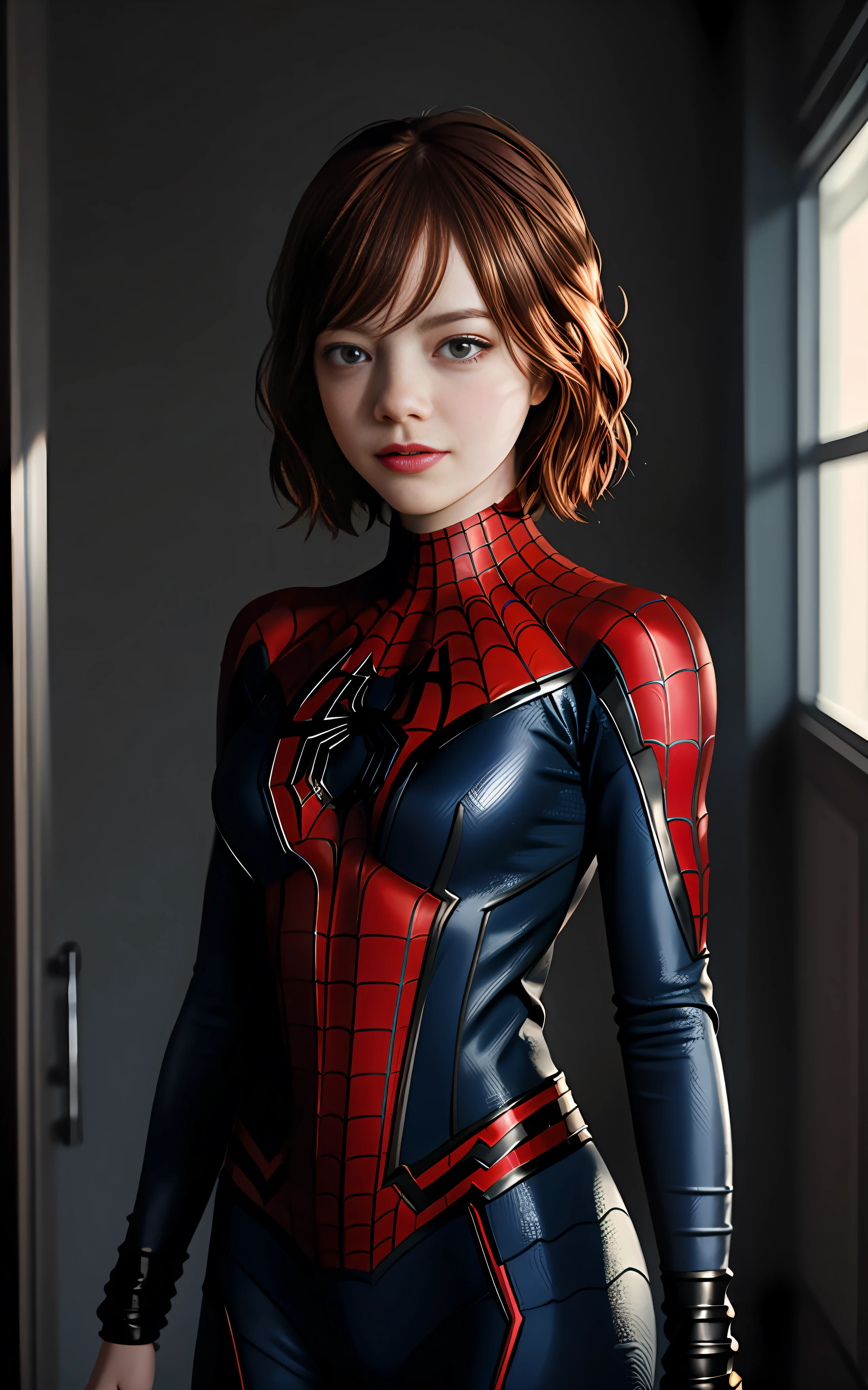 Emma Stone in a spider-man suit, Best quality, masterpiece, an extremely delicate and beautiful, extremely detailed, CG, unity ,2k wallpaper, Amazing, finely detail, light smile, highly detailed CG unity 8k wallpaper, large file size, ultra-detailed, high resolution, highly detailed, 1 girl, slim body, looking at the viewer, sharp focus, face close-up.