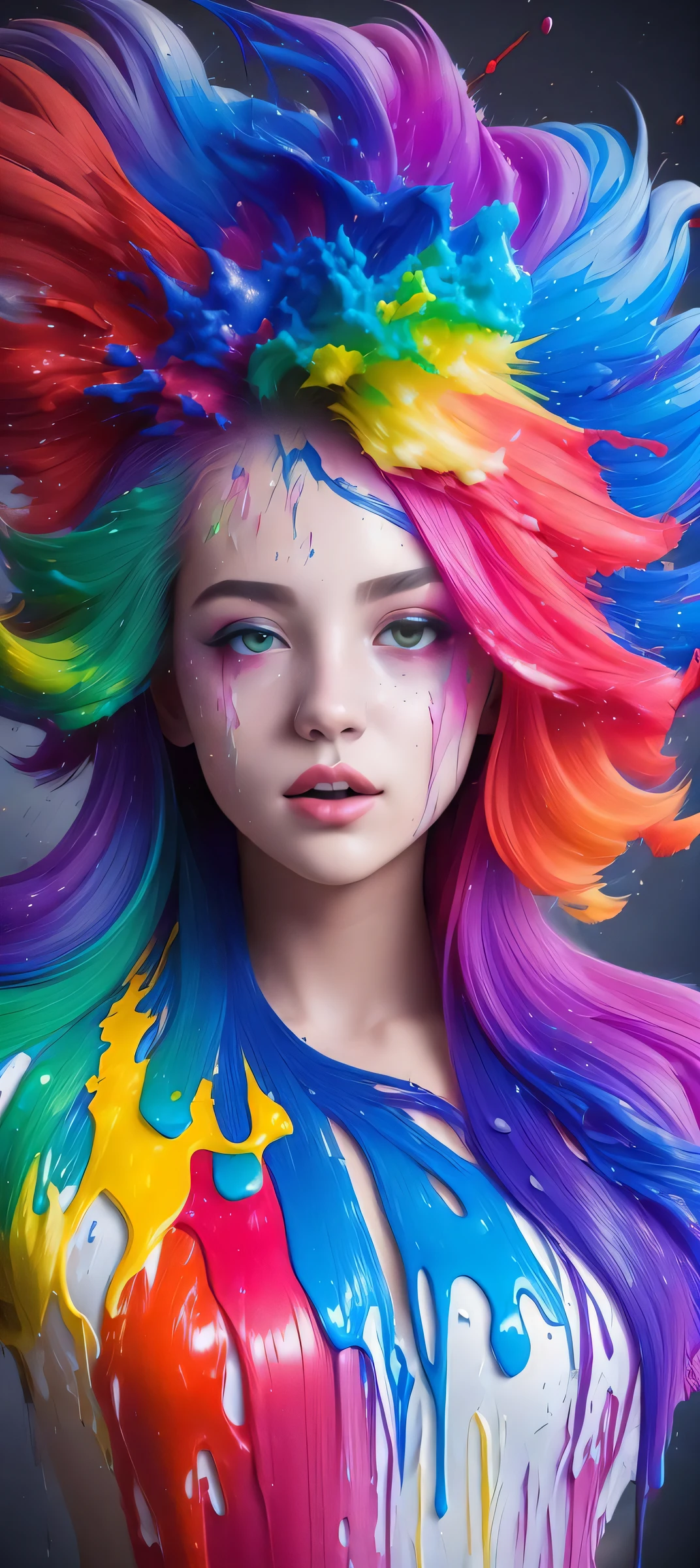 (level difference:1.8),(Paint colliding and splashing on the canvas),(depth of field),1girl's side face blends into it,(side face),open mouth,(liquid paint rainbow hair:1.1) made of paint and defies gravity,thick flowing,(paint splatter:1.3),Liquid state,stunningly beautiful, masterpiece, detailed background,ultra high quality model, ethereal background,abstract beauty, explosive volumetric, oil painting,heavy strokes,Romantic lighting,Sub-Surface Scatterring,lens 135mm,f1.8,glow,8k,high resolution, dreamy,ray tracing,hdr,god rays,