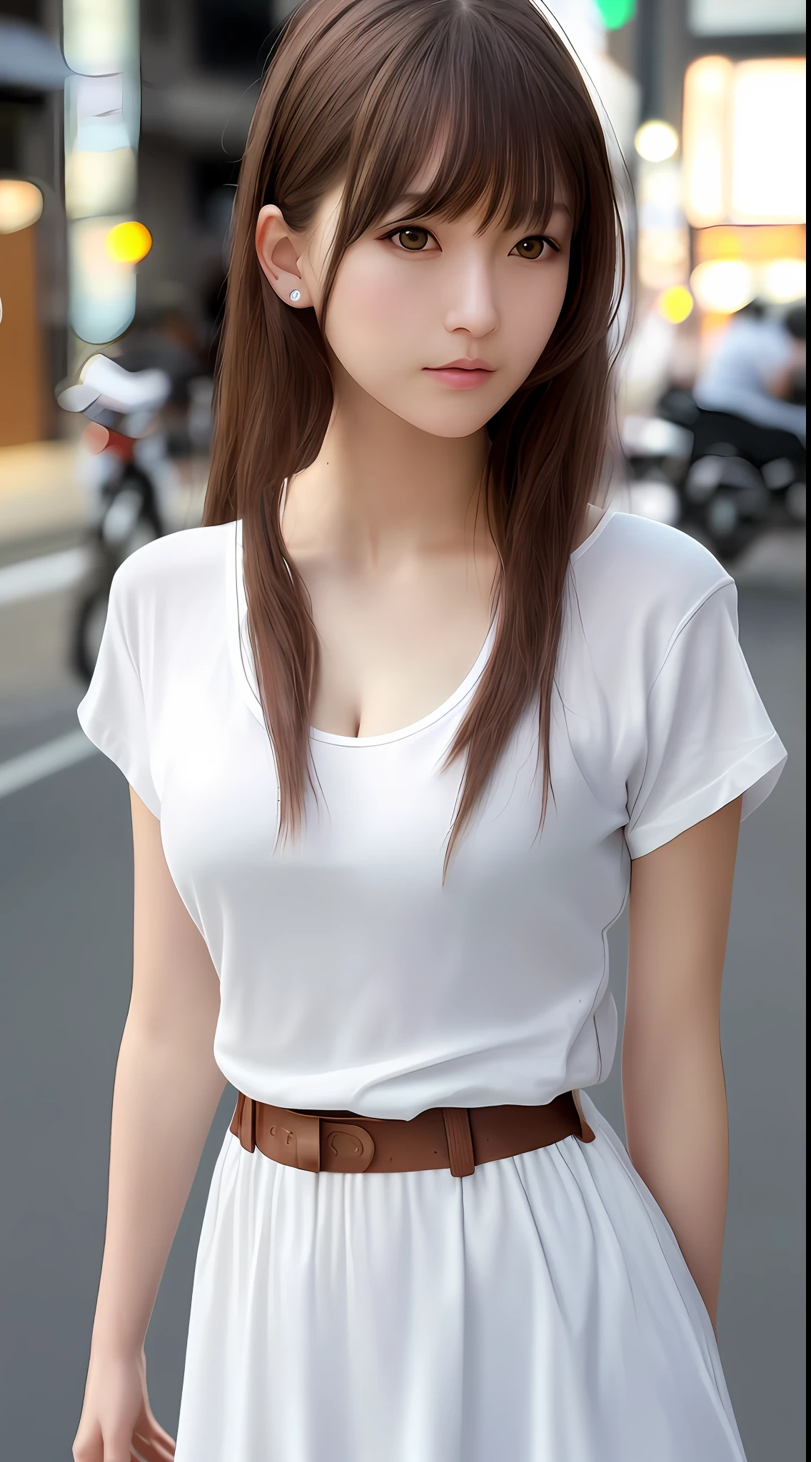 Best Quality, Super Detail, Masterpiece, Fine Detail, High Resolution, Portrait, 8k Wallpaper, Realistic Details, Clothing Details, Skin Details, Detailed Eyes, Photoshop \(Medium\), Slim Body, 1 Girl, Japan Person, 30 Years Old, Beautiful Eyes, Bare Skin, Well-Formed Face, Bangs, Blunt Bangs, Colossal, (Looks Pleasant), Mouth Open, Close Up, White Skin, Long Hair, Brown Hair, Brown T-Shirt , Walking on the street, stiff breasts, hair flowing, ears visible, only the upper body is visible, not visible from the waist up