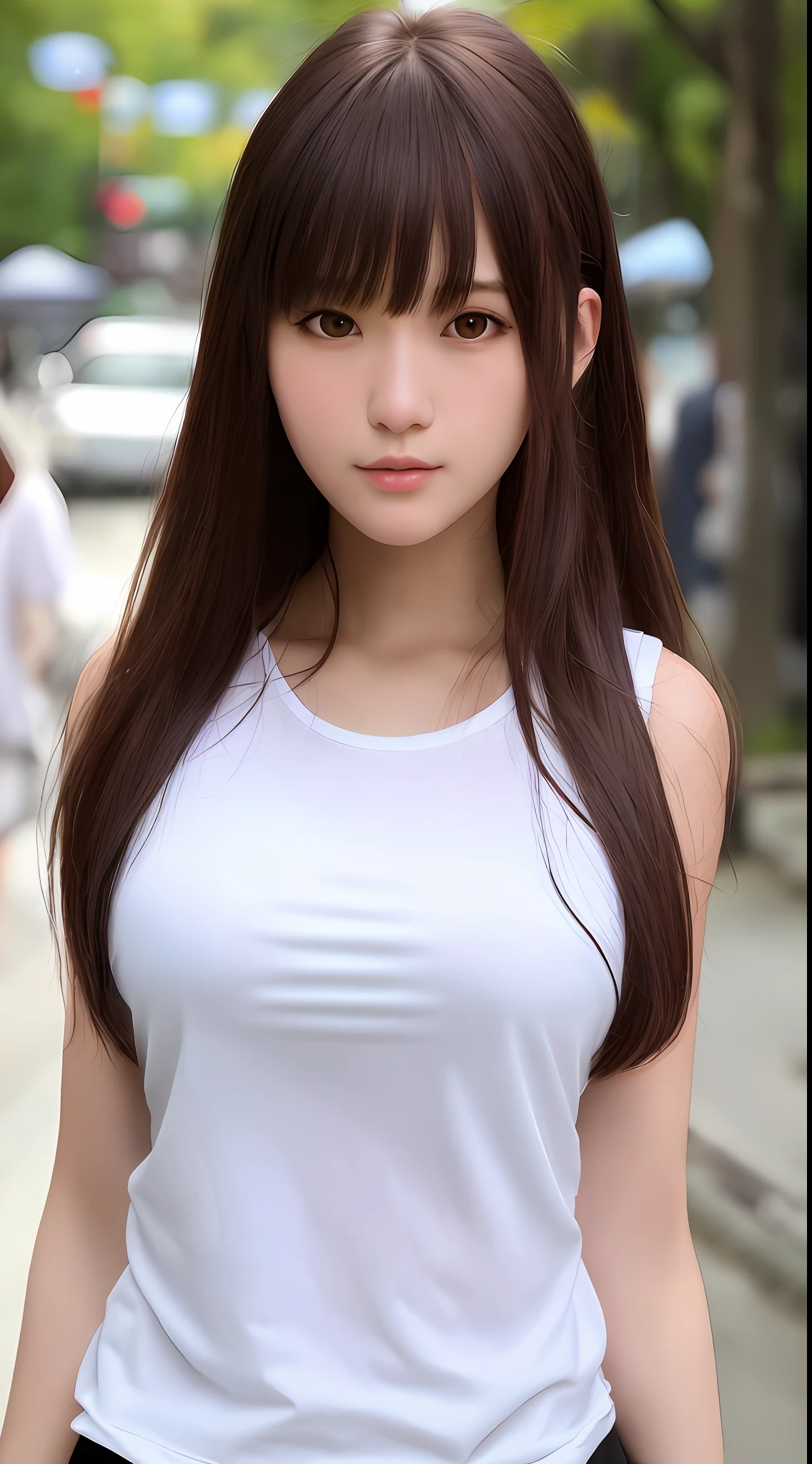 Best Quality, Super Detail, Masterpiece, Fine Detail, High Resolution, Portrait, 8k Wallpaper, Realistic Details, Clothing Details, Skin Details, Detailed Eyes, Photoshop \(Medium\), Slim Body, 1 Girl, Japan Person, 30 Years Old, Beautiful Eyes, Bare Skin, Well-Formed Face, Bangs, Blunt Bangs, Colossal, (Looks Pleasant), Mouth Open, Close Up, White Skin, Long Hair, Brown Hair, Brown T-Shirt , Walking on the street, stiff breasts, hair flowing, ears visible, only the upper body is visible, not visible from the waist up
