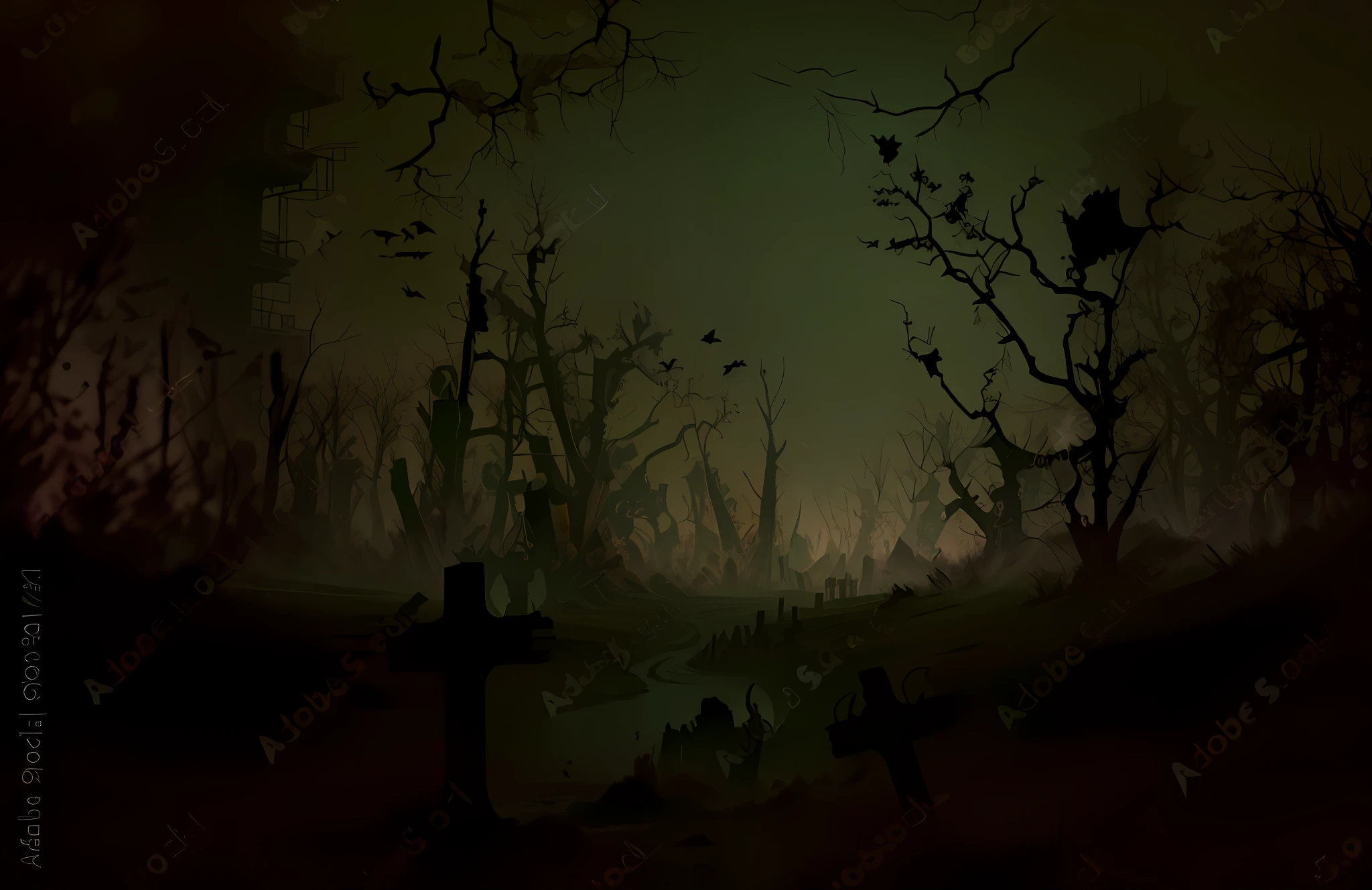 there are many people walking in the dark with bats flying around, dark graveyard scene, graveyard landscape at night, foggy dark graveyard, graveyard background, spooky halloween night, graveyard landscape, scary magical background, dark nature background, foreboding background, haunted background, creepy background, dark fantasy background, gothic background, eerie dark atmosphere, beautiful dark creepy landscape, halloween scene, BioPunkAI