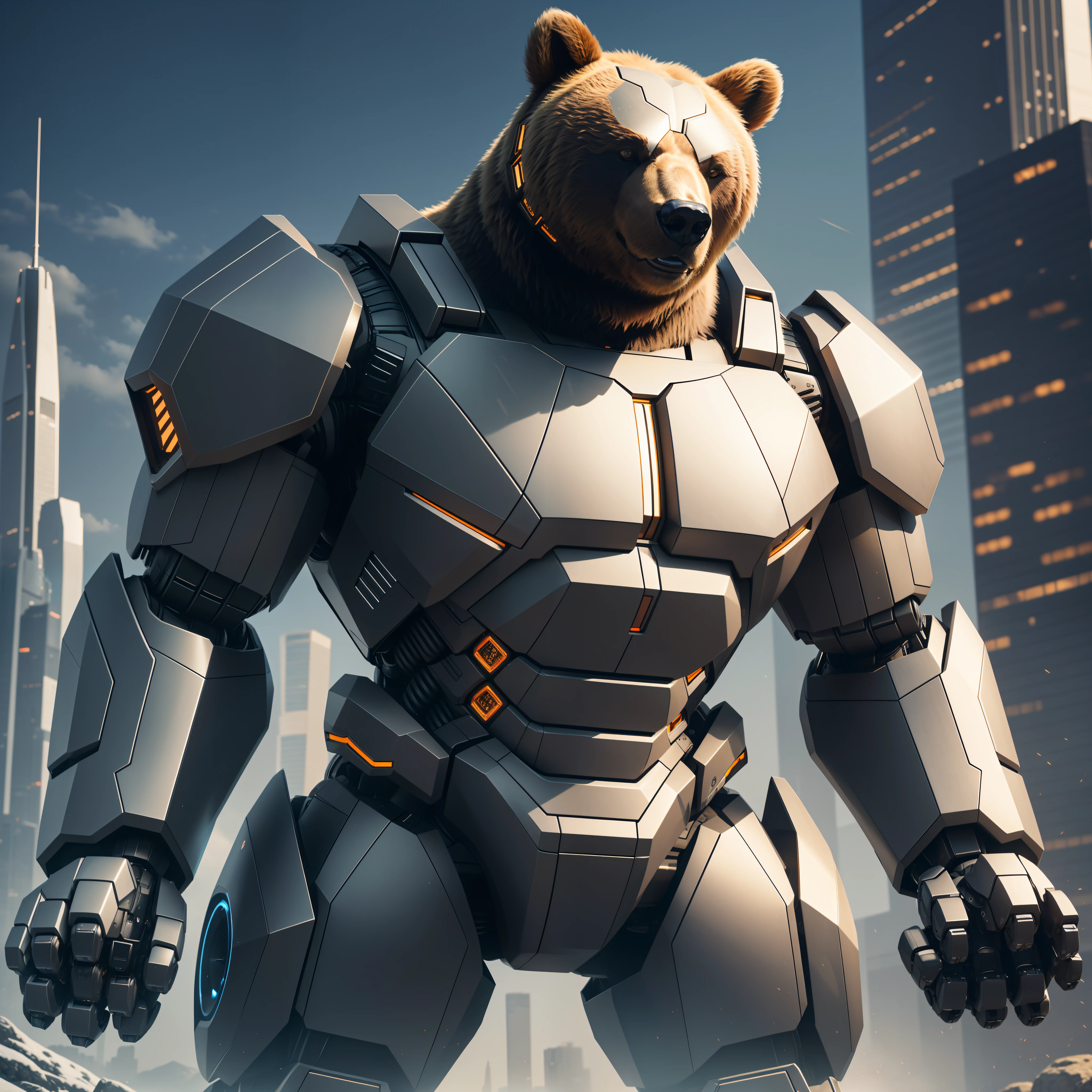Imagine the awe-inspiring presence of a robotic bear, a magnificent fusion of strength, resilience, and advanced technology. The prompt aims to generate an image that captures the essence of this extraordinary robotic bear.

Design the robotic bear with a powerful and imposing physique, seamlessly blending the features of a real bear with futuristic robotic elements. Incorporate robust metallic components, mechanical joints, and intricate details that highlight its technological nature while embodying the raw strength and majesty of a bear.

Position the robotic bear in a commanding and confident stance, showcasing its dominance and unwavering presence. Emphasize its muscular build, with articulated limbs and formidable claws, capturing its inherent power and resilience.

Experiment with lighting techniques to enhance the metallic surfaces and create a captivating atmosphere. Utilize dramatic lighting to accentuate the robotic bear's contours, textures, and reflections, adding depth and visual interest to the image.

Compose the image to showcase the robotic bear in a setting that complements its nature. Consider placing it against a backdrop of a rugged mountain range, a dense forest, or an urban cityscape, highlighting the juxtaposition of its primal qualities and futuristic design.

Select an aspect ratio of 16:9 to provide a wide cinematic view of the robotic bear, allowing viewers to fully appreciate its details and the surrounding environment.

Capture the essence of the robotic bear's strength, resilience, and technological advancement. Evoke a sense of wonder and admiration, showcasing the seamless integration of technology and the primal spirit of a bear in this extraordinary creation.