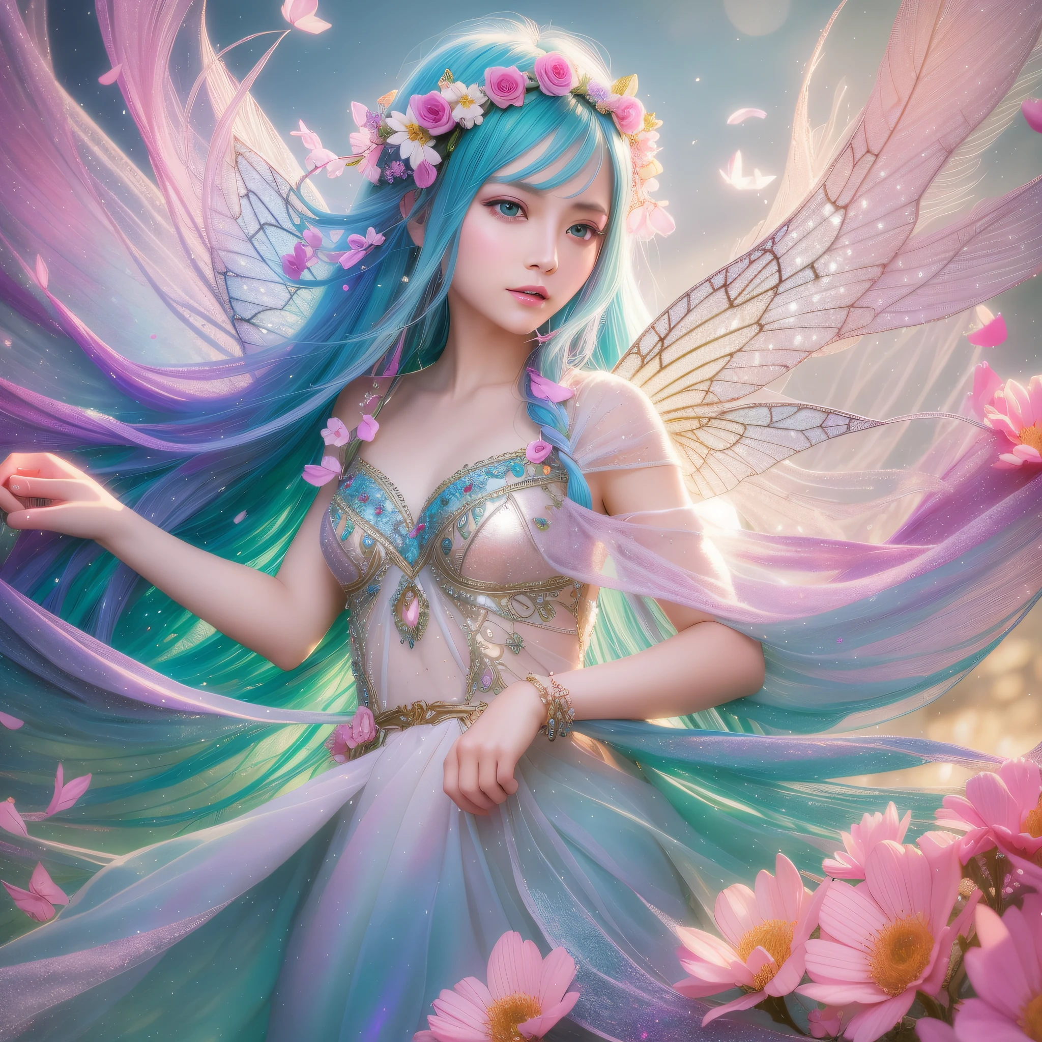 Imagine an image depicting a shining wind fairy. Let it have delicate features, iridescent feathers, a gentle breeze surrounding her. Elements such as floating petals and soft sparkles can also be incorporated. Bright colorful background, photorealistic, masterpiece, highest quality, super detail, HDR, 8K