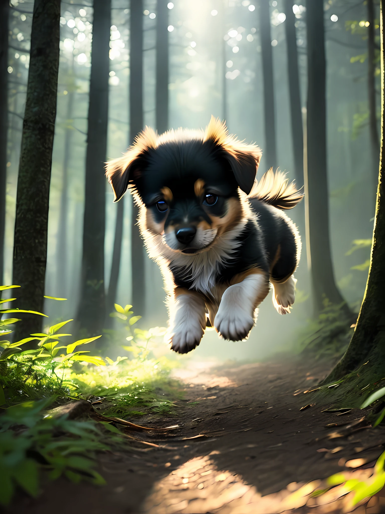 Close-up of a very cute jumping puppy in the forest, soft volumetric light, (backlight: 1.3), (movie: 1.2), intricate details, (ArtStation: 1.3) HD, 8K, ray tracing