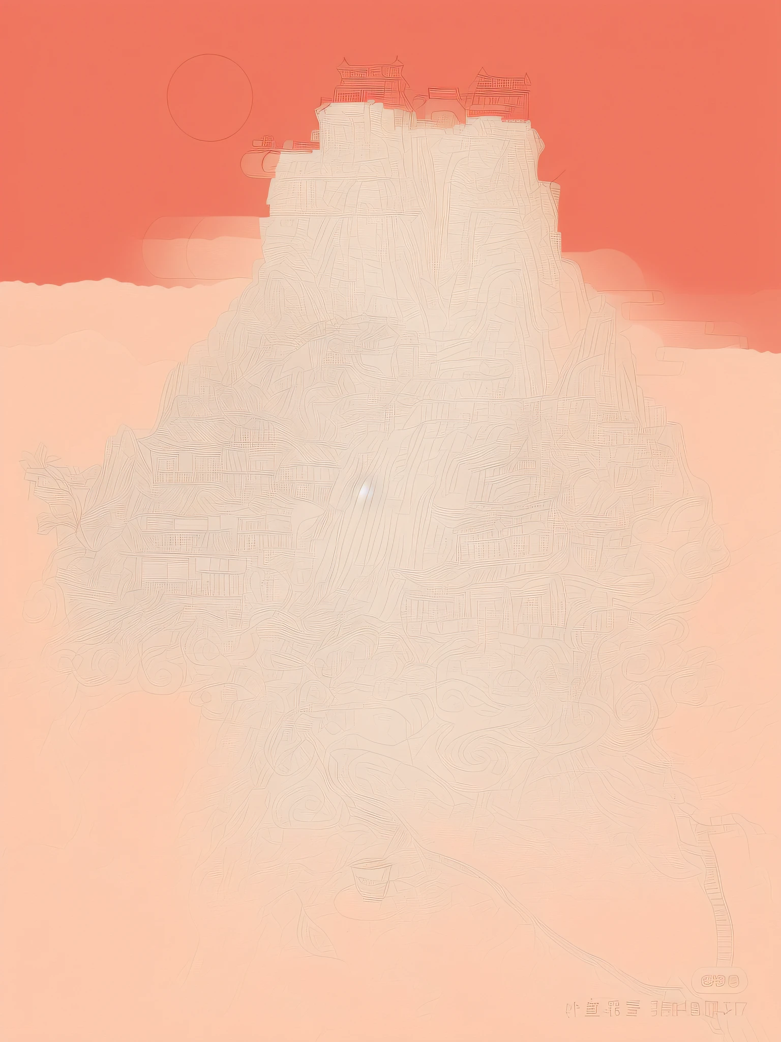 Generate a line drawing, the tea cup in the picture is at the bottom, the heat of the tea presents the style of Fanjing Mountain, and the elements must have the red cloud golden dome of Fanjing Mountain --auto --s2