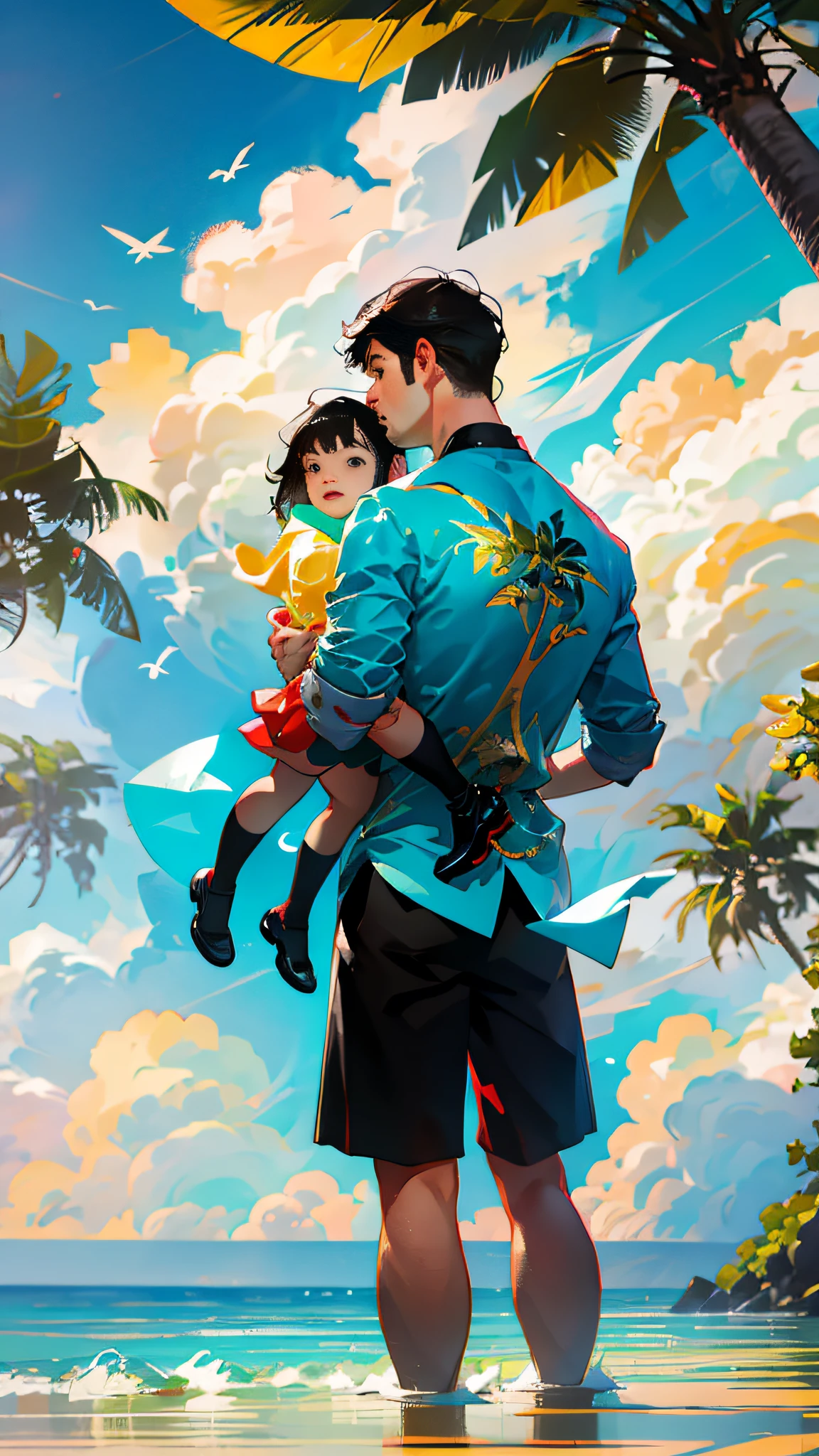 A 35-year-old man holding a 5--old ian, handsome man, cute child, two pe shirt, seaside, sunny, blue sky and white clouds, sand, coconut trees, deep black hair, back to the camera, colorful, highly saturated, contour light, warm and bright, colorful, HD 8K, virtual engine, --v6