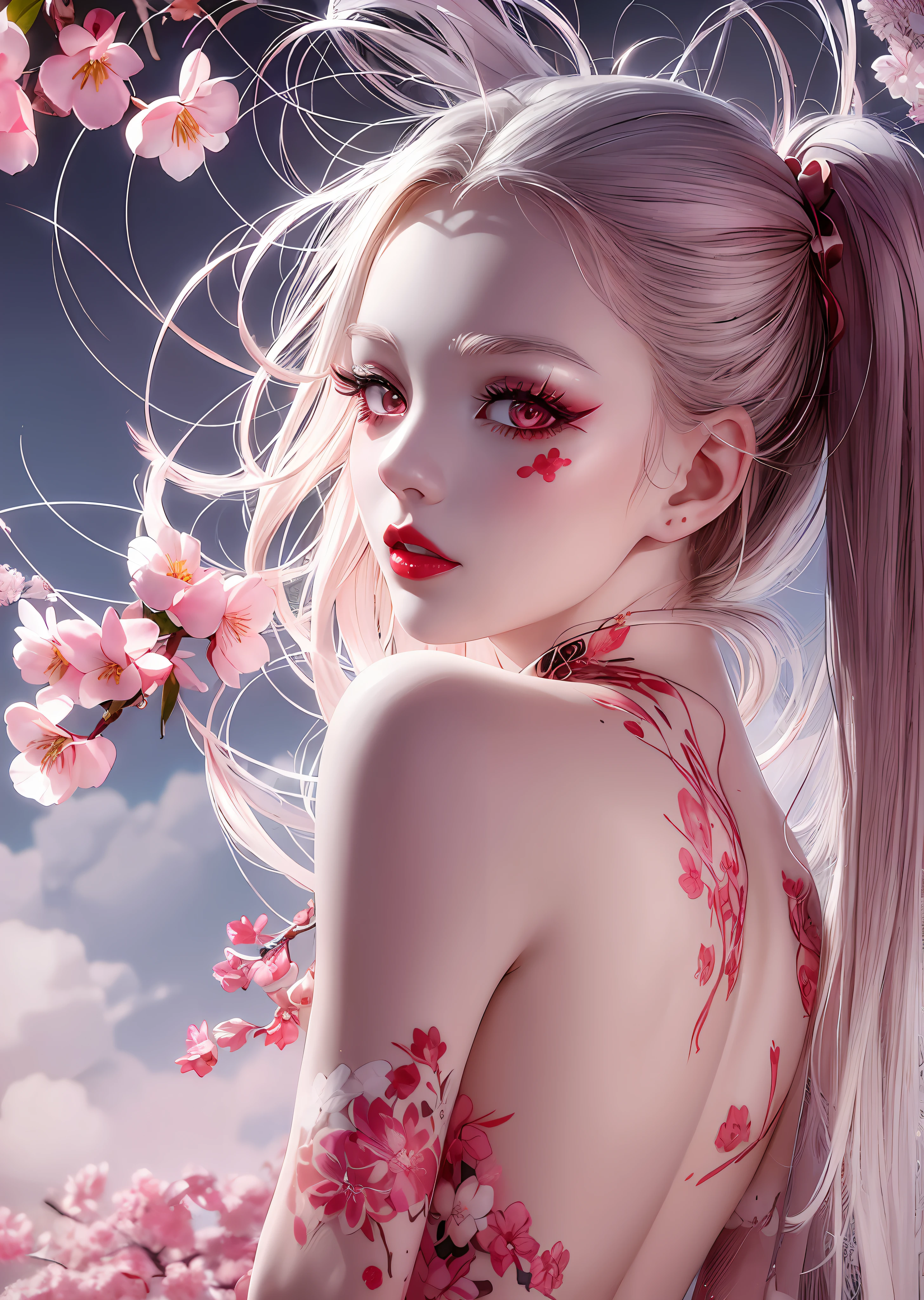 Very nice and beautiful albino beautiful girl, one, long lashes, red lips, face with a straight nose, bright sunlight, body paint with cherry blossom pattern, clouds, push-ups, back shot, --auto --s2