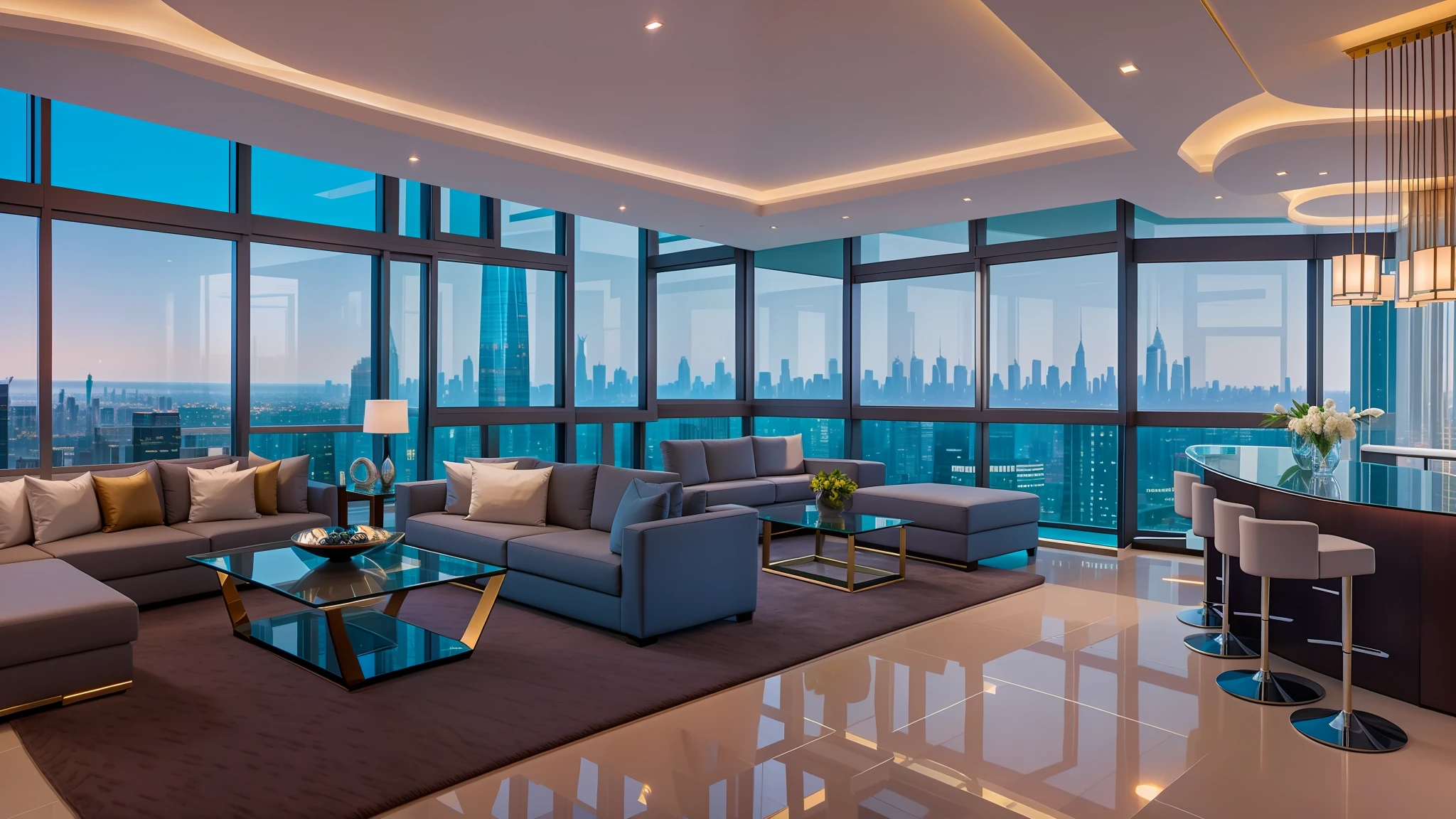 arafficial living room with a view of the city, penthouse, luxurious environment, luxury condo interior, floor - to - ceiling windows, zenith view, interior photography, expansive cinematic view, overlooking a modern city, skyline showing from the windows, expansive view, high end interior, award-winning masterpiece, fancy apartment, award winning interior design, city apartment