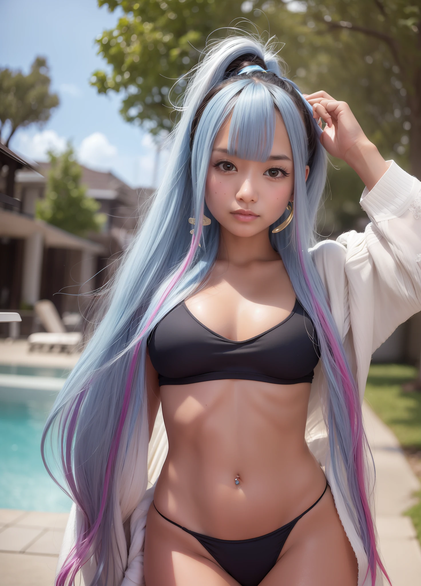 masterpiece,best quality,realistic,8k,cinematic lighting,higher,asian,(brown race),black skin,(wet skin),light light blue hair,long hair,straight,side ponytail,two-tone hair color,(embarrassed look),embarrassed look,body piercings for ears,belly button piercing,bigini,1 girl,ndge,take a selfie with smartphone,